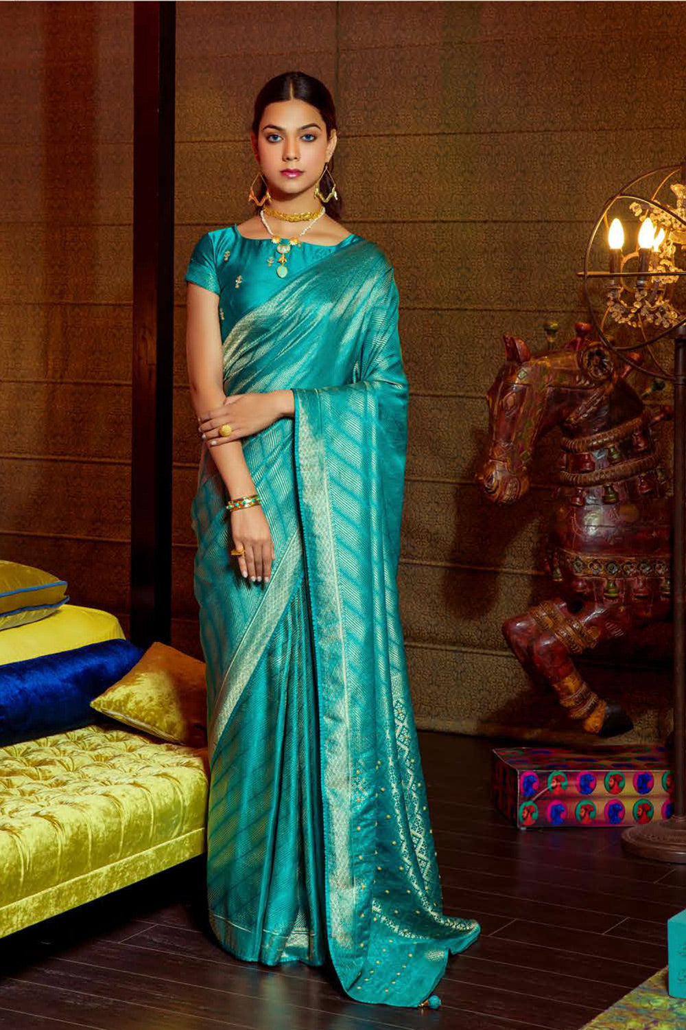 Blue Chill Zari Woven Satin Silk Saree