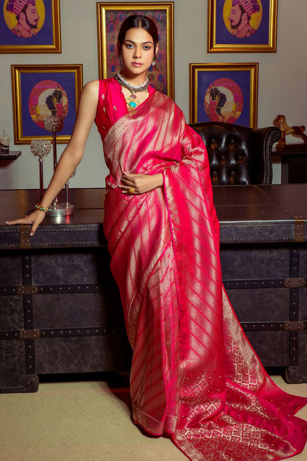 Rose Pearl Pink Zari Woven Satin Silk Saree