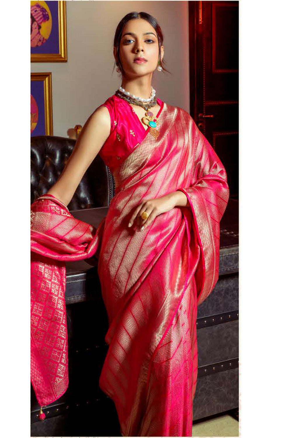 Rose Pearl Pink Zari Woven Satin Silk Saree