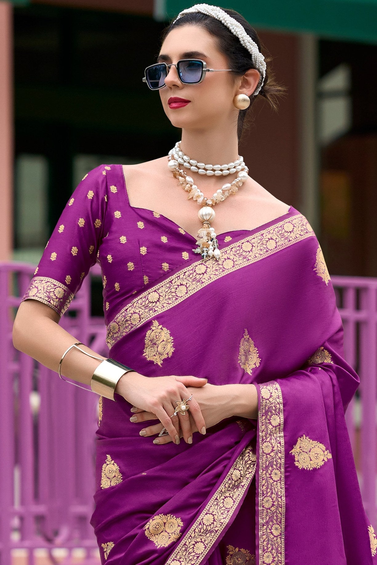 Midnight Pearl Purple Banarasi Handloom Satin Saree