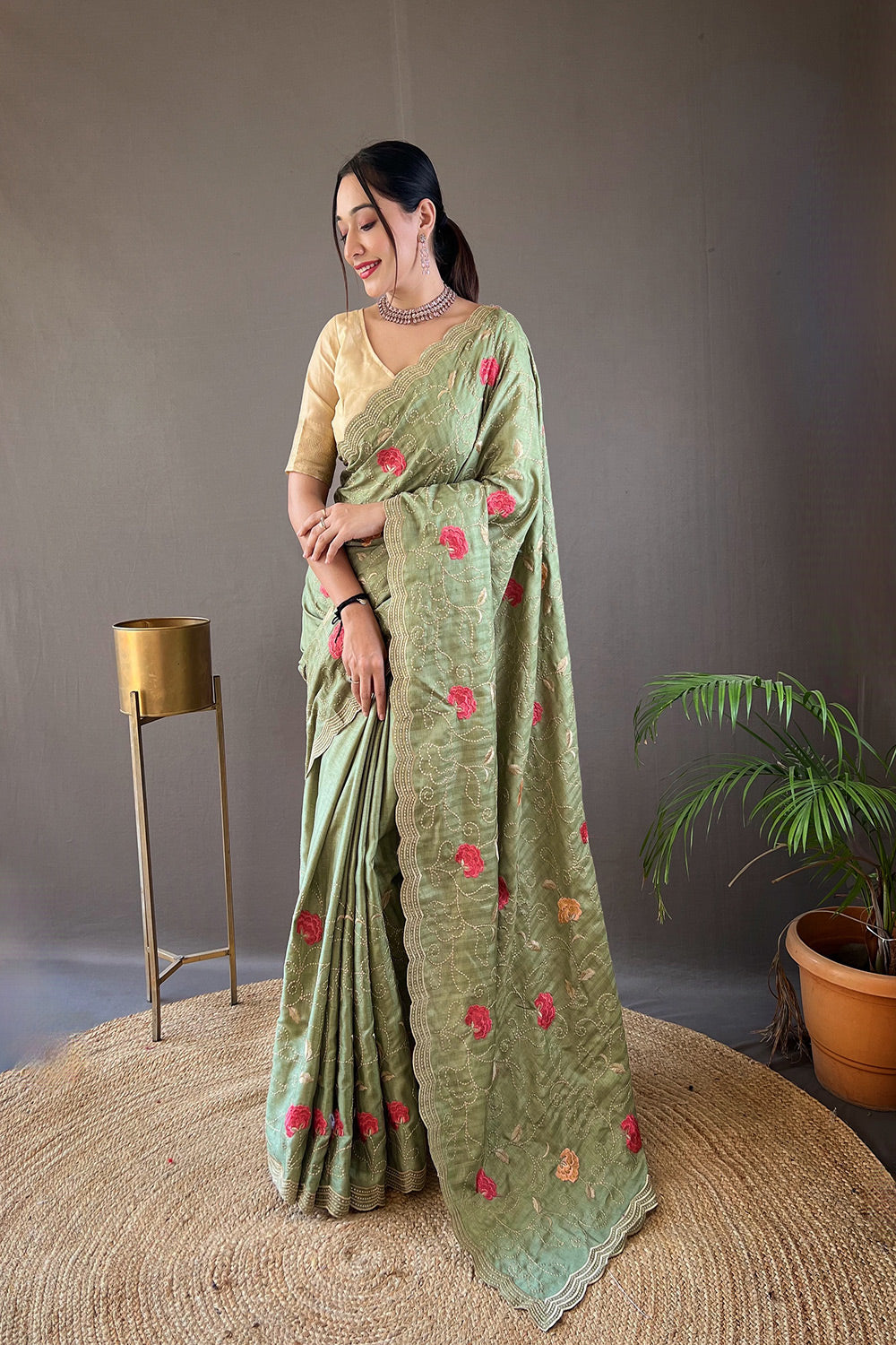 Hillary Green Embroidery Tussar Silk Saree