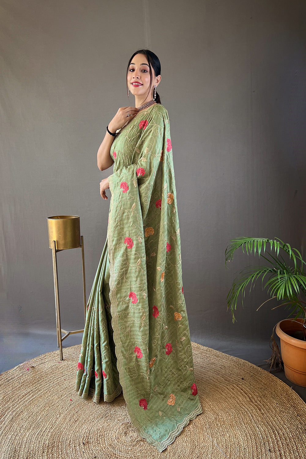 Hillary Green Embroidery Tussar Silk Saree