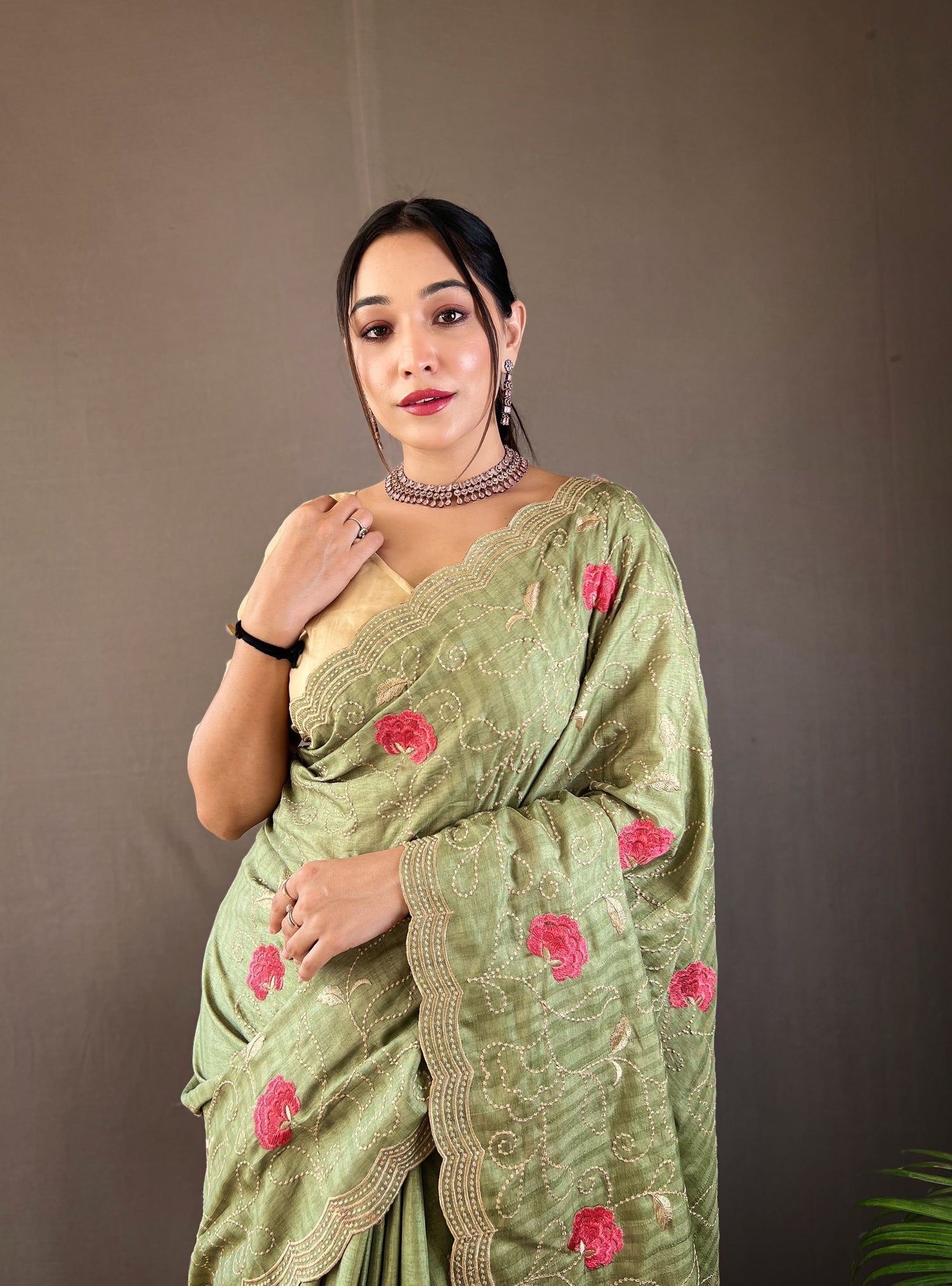 Hillary Green Embroidery Tussar Silk Saree