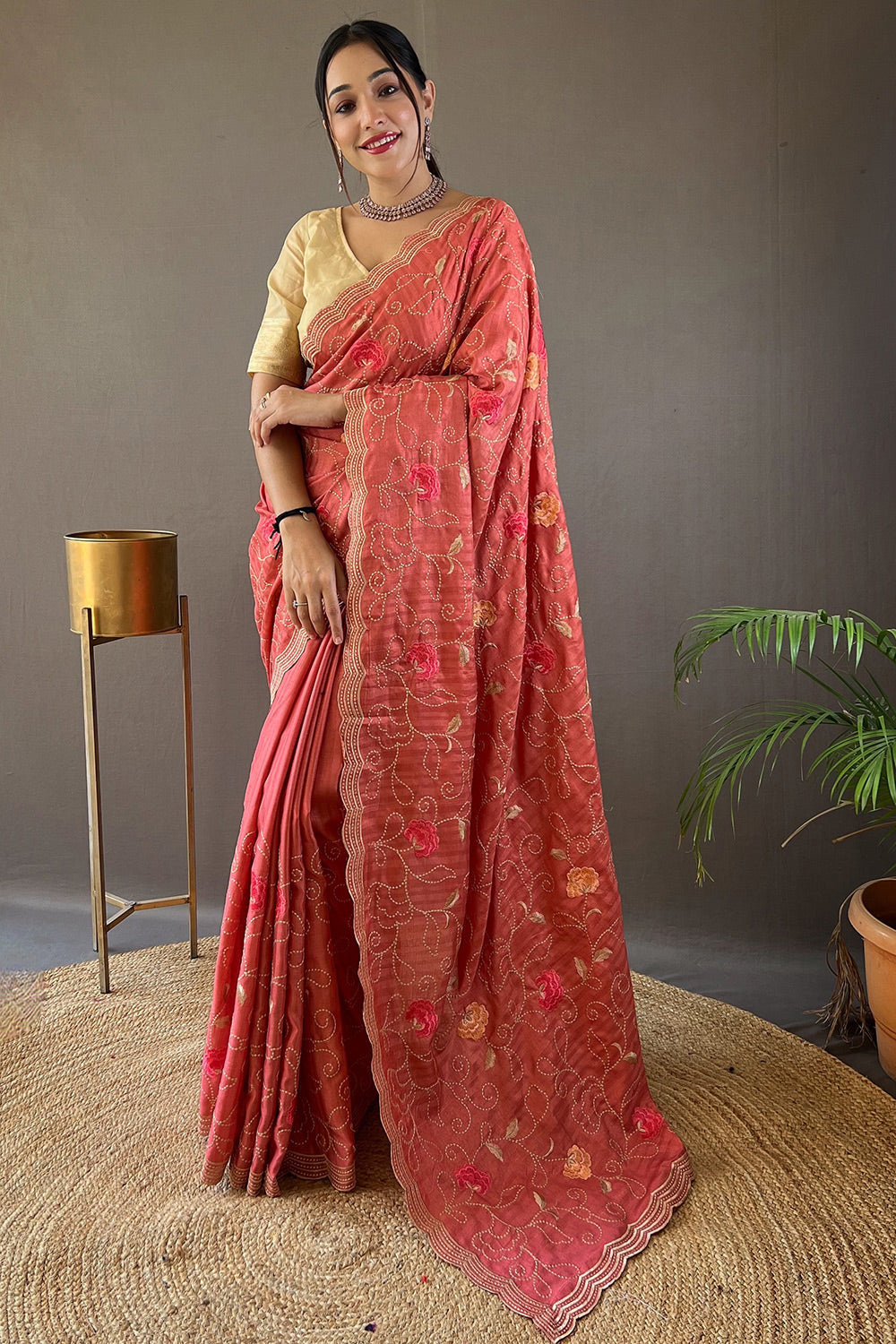 Cedar Chest Orange Embroidery Tussar Silk Saree