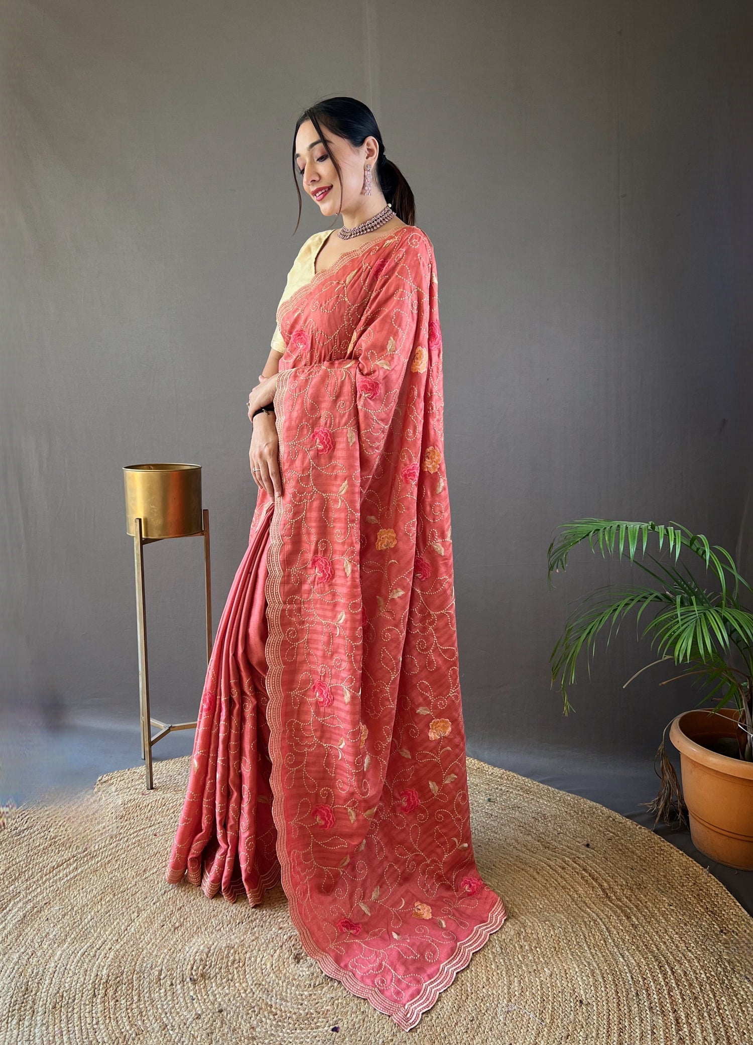 Cedar Chest Orange Embroidery Tussar Silk Saree