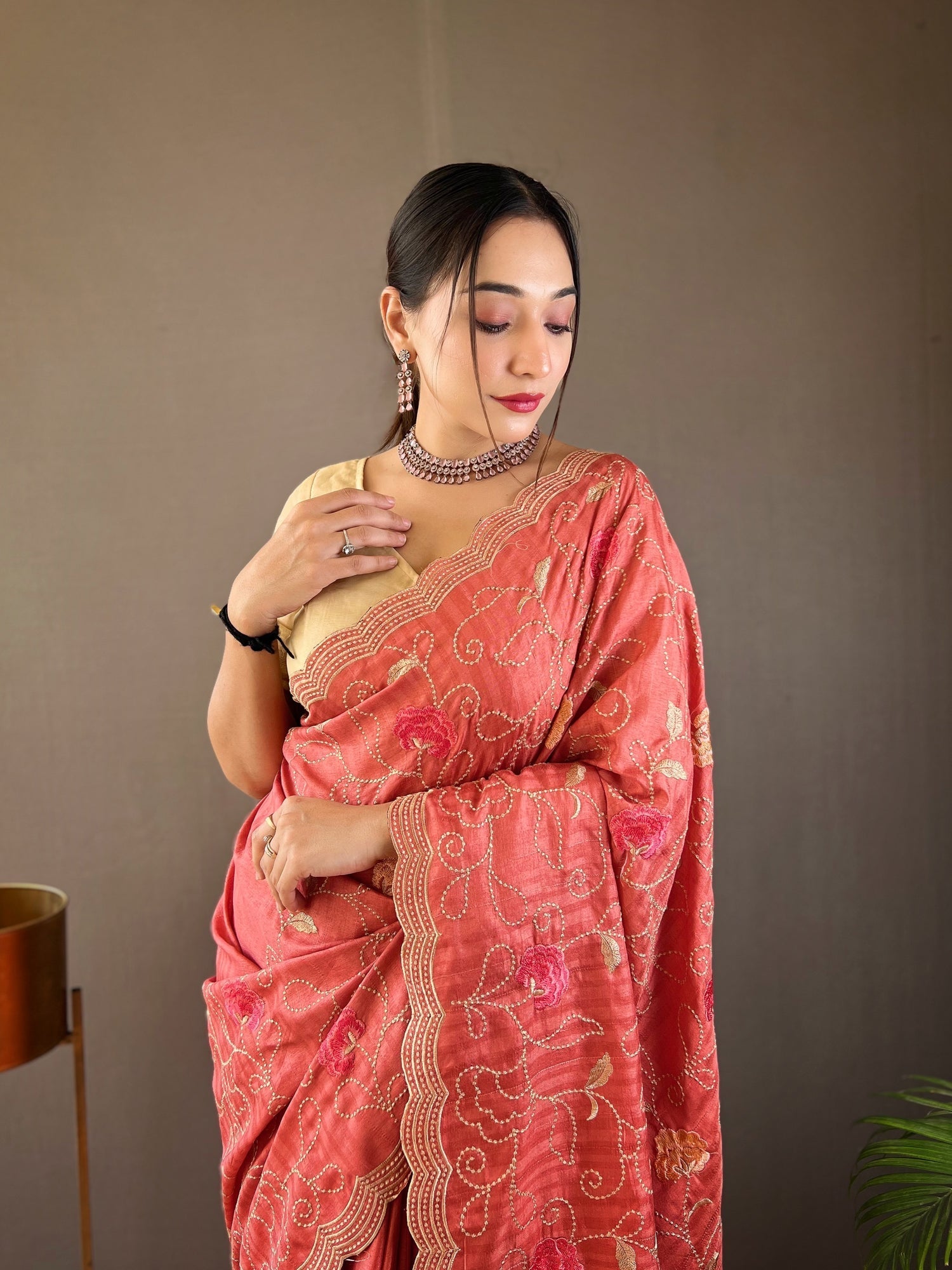 Cedar Chest Orange Embroidery Tussar Silk Saree