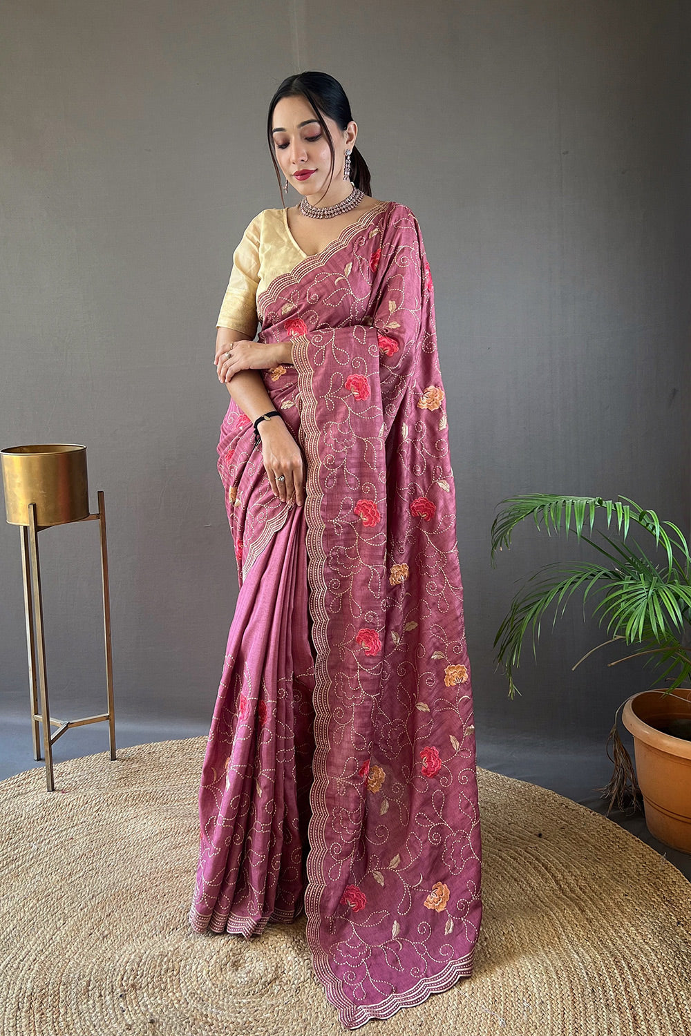 Lotus Pink Embroidery Tussar Silk Saree