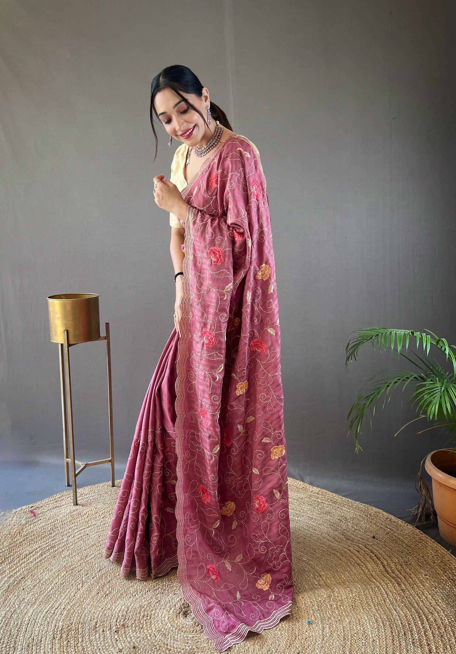 Lotus Pink Embroidery Tussar Silk Saree