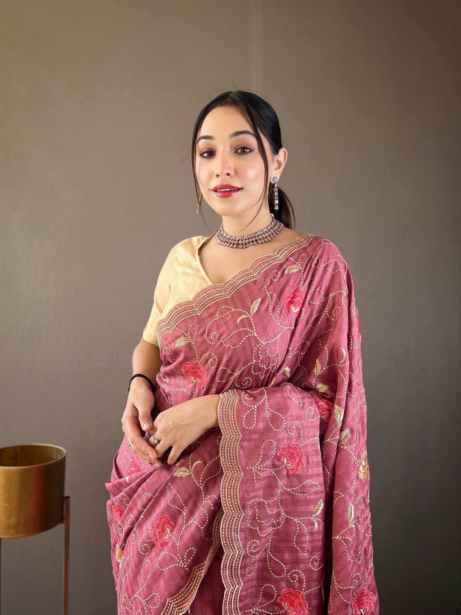 Lotus Pink Embroidery Tussar Silk Saree