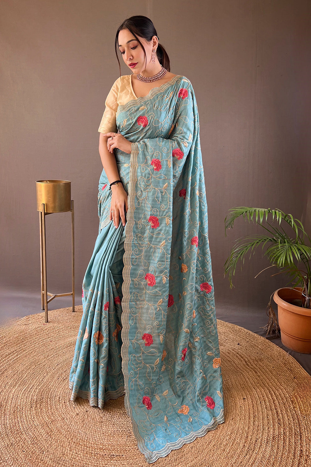 Submarine Blue Embroidery Tussar Silk Saree