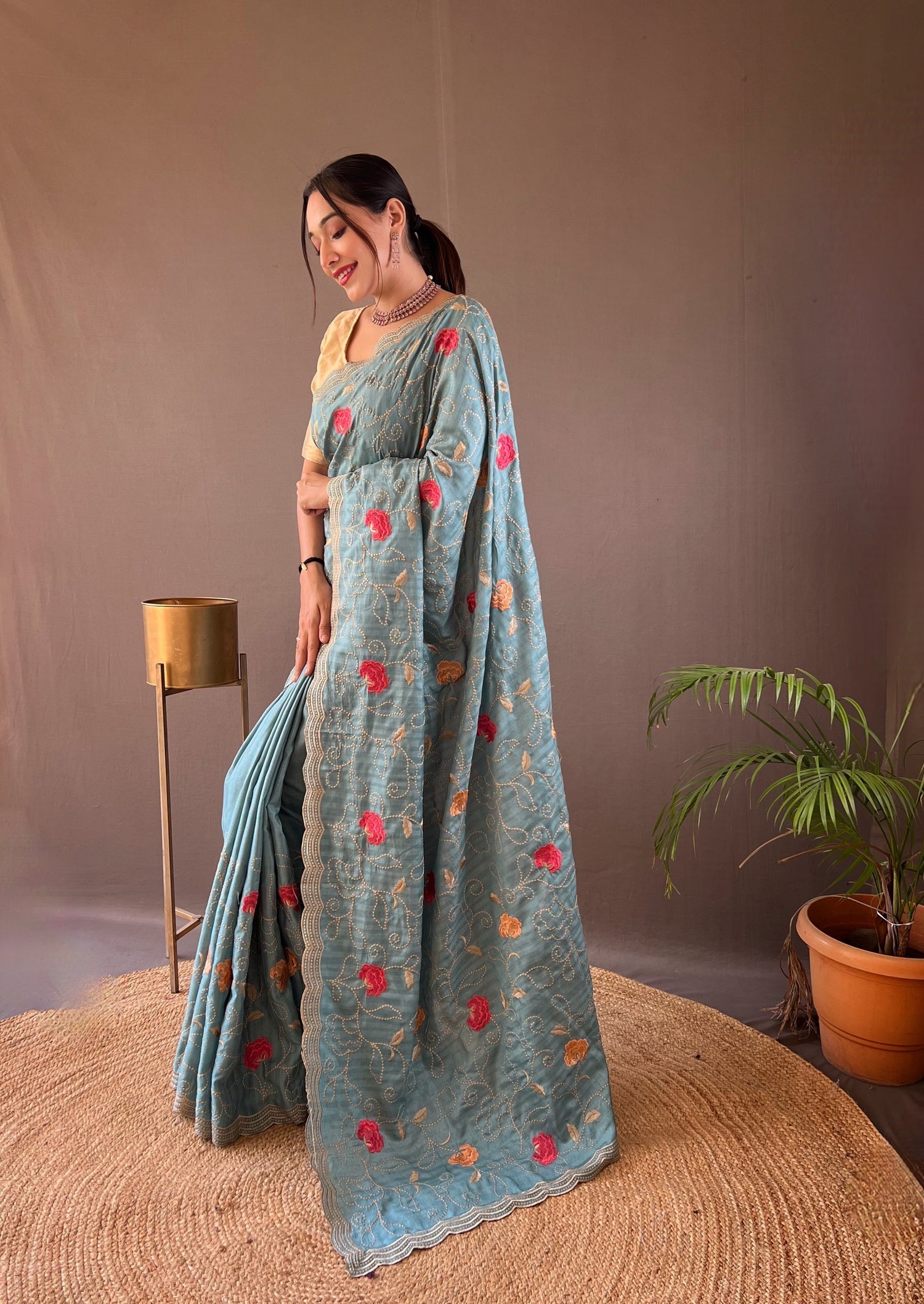 Submarine Blue Embroidery Tussar Silk Saree