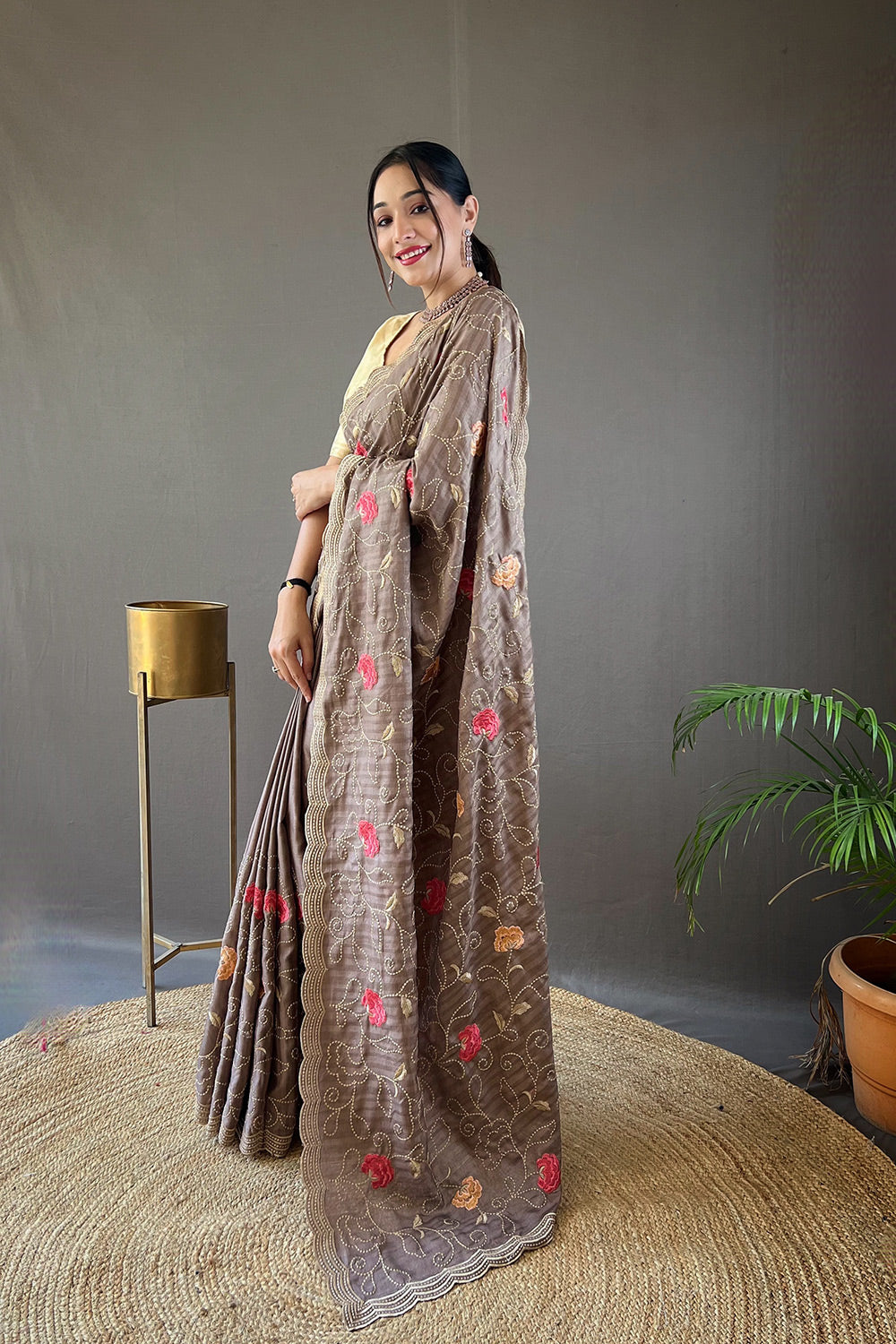 Beaver Brown Embroidery Tussar Silk Saree