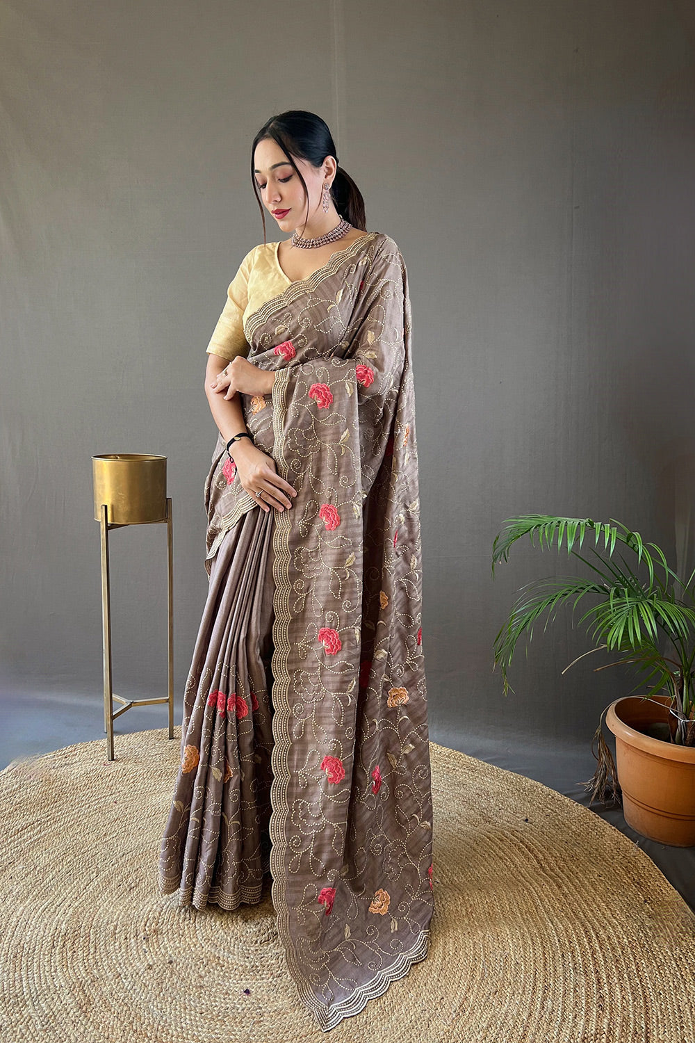 Beaver Brown Embroidery Tussar Silk Saree