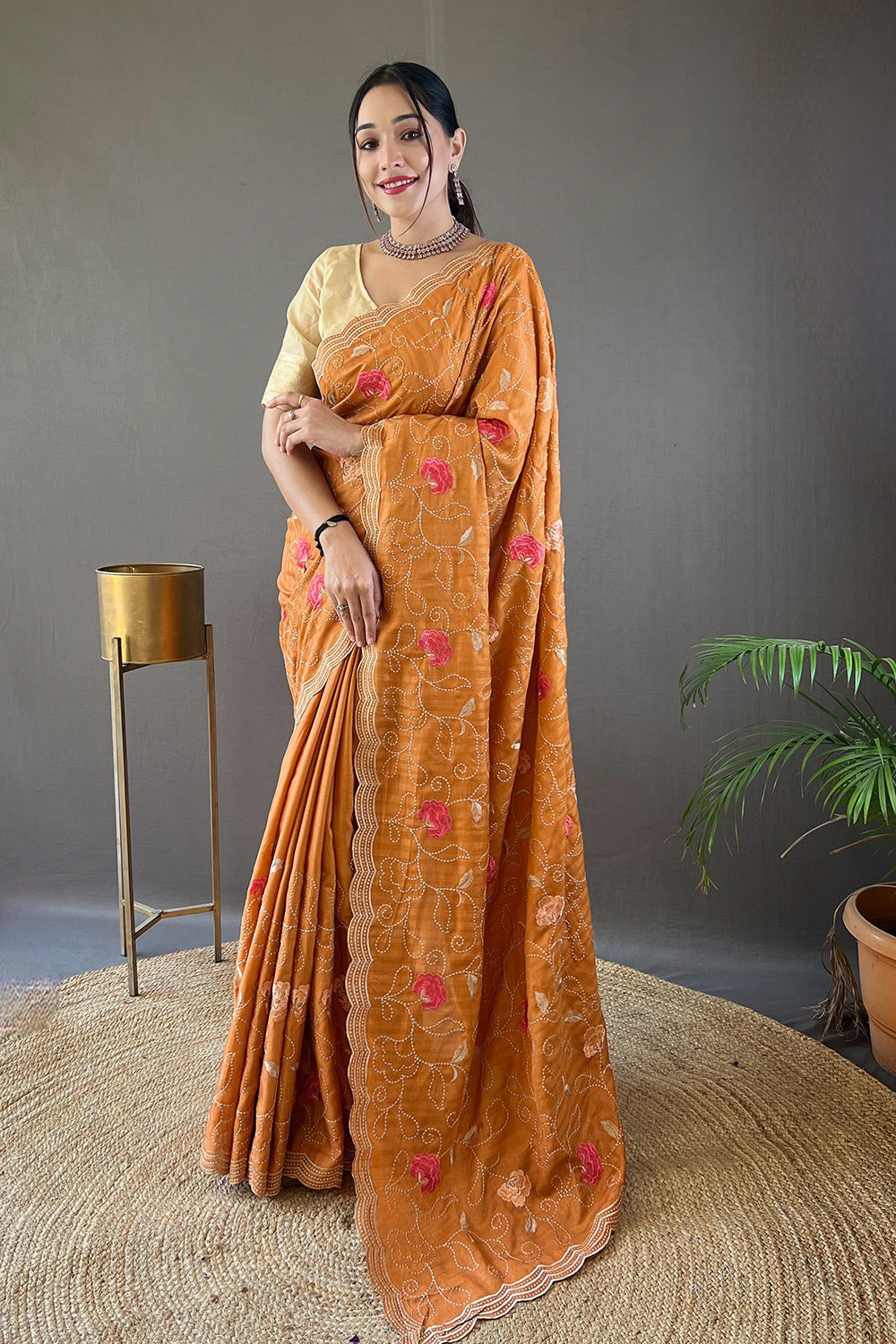 Hawaiian Tan Orange Embroidery Tussar Silk Saree