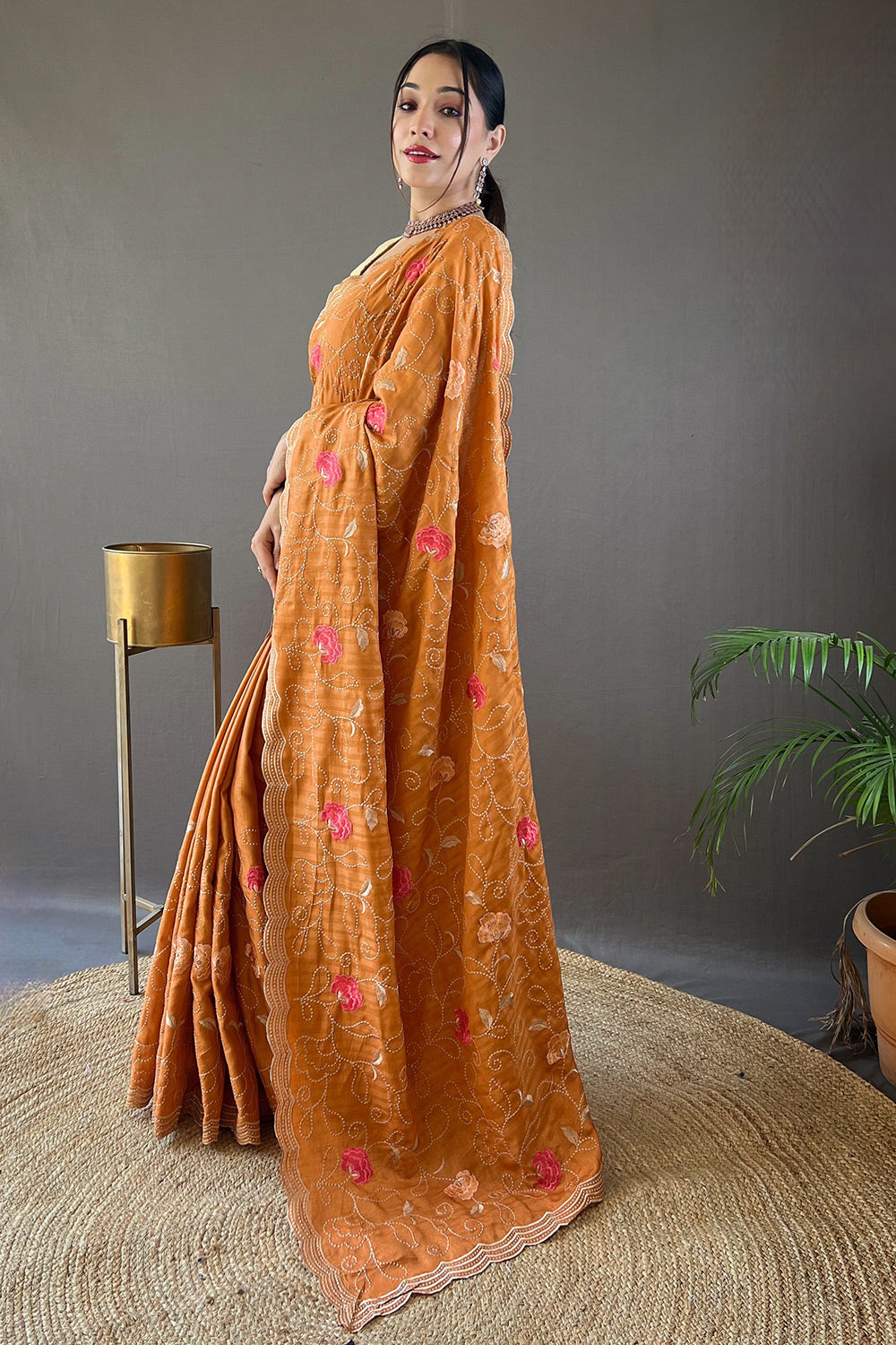 Hawaiian Tan Orange Embroidery Tussar Silk Saree