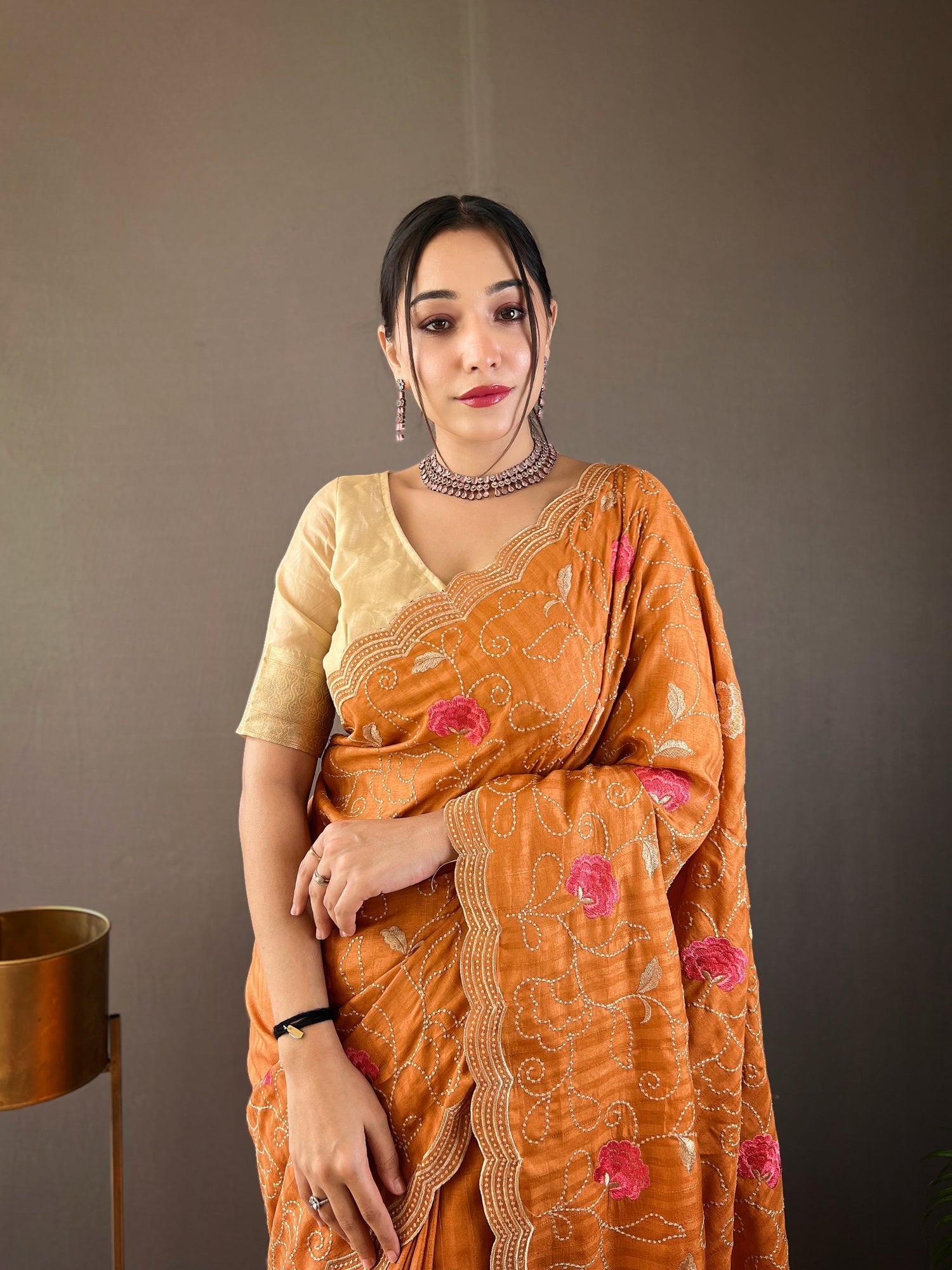 Hawaiian Tan Orange Embroidery Tussar Silk Saree