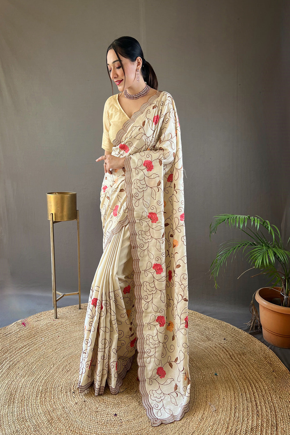 Bone Cream Embroidery Tussar Silk Saree