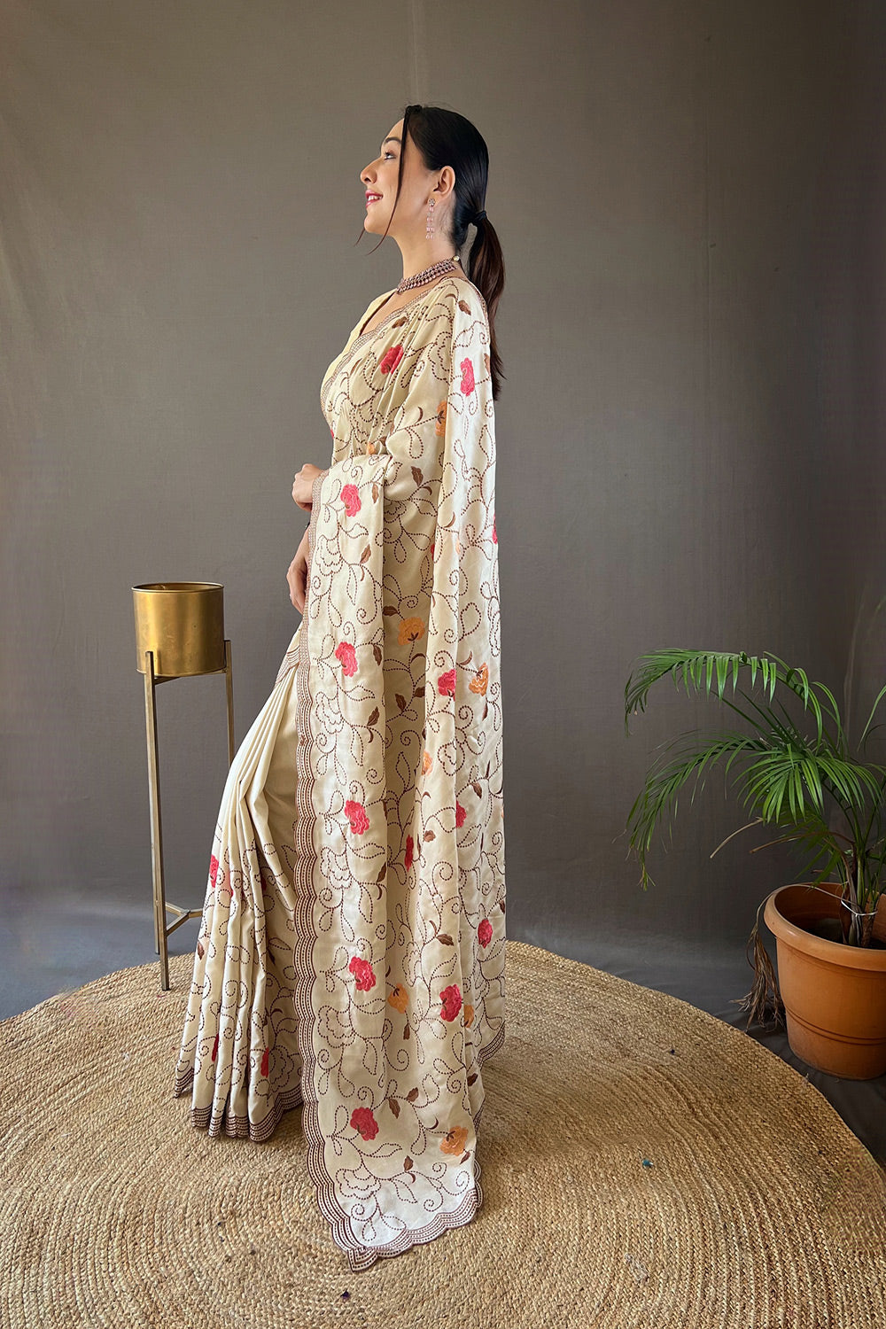 Bone Cream Embroidery Tussar Silk Saree