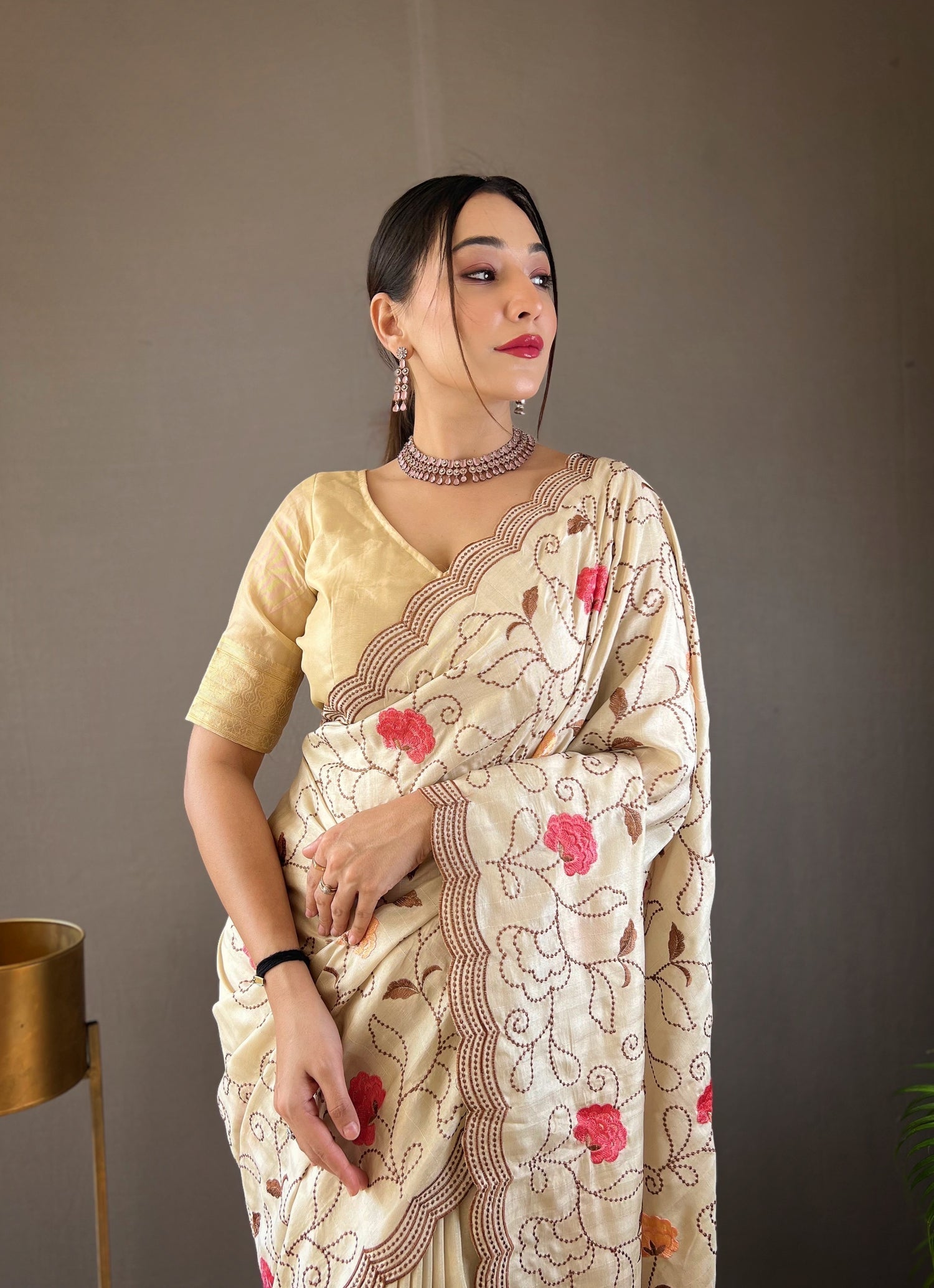 Bone Cream Embroidery Tussar Silk Saree