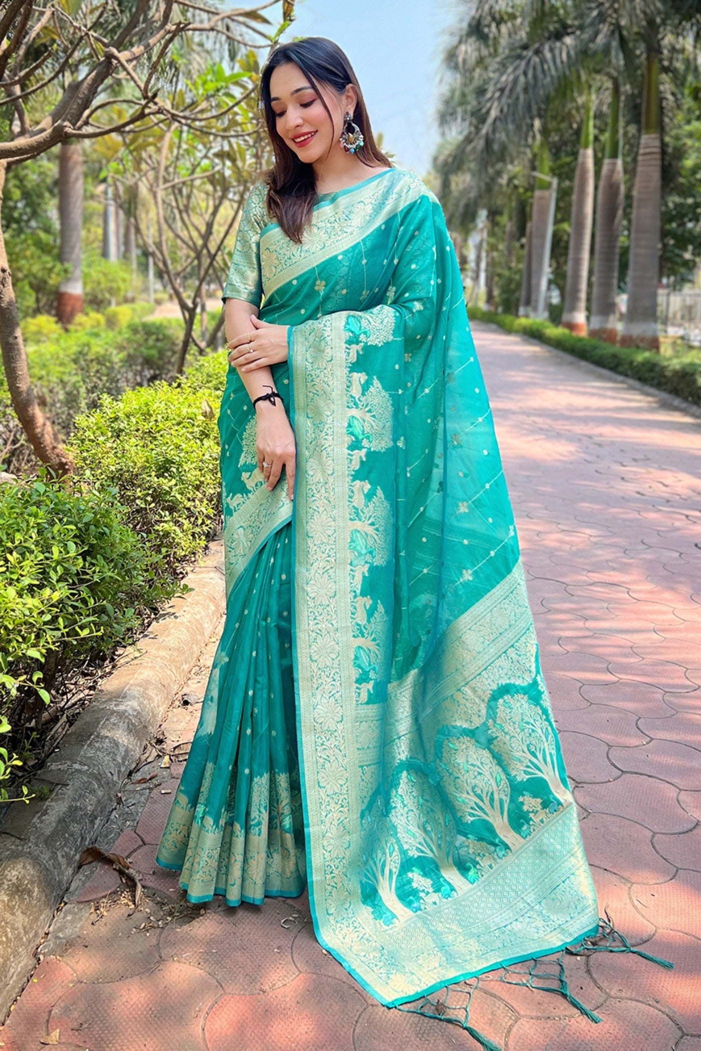 Roma Green Zari Woven Organza Saree