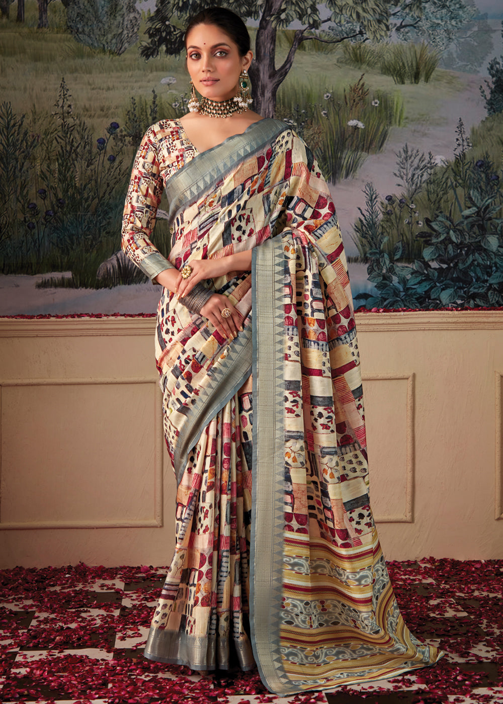 Multicolor Cream Woven Banarasi Tussar Silk Saree