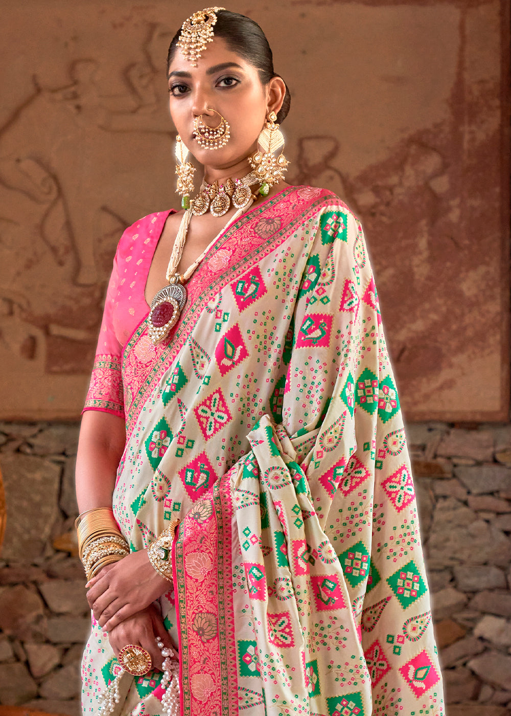 Snow White and Pink Woven Banarasi Saree