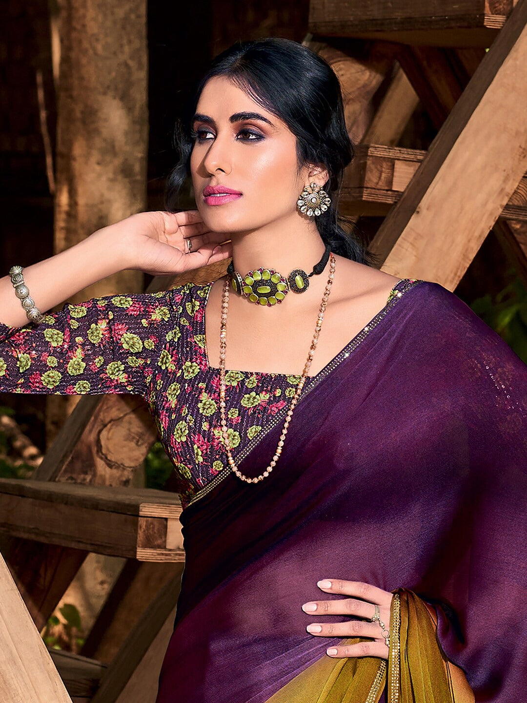 Tawny Port Purple and Yellow Chiffon Saree With Printed Blouse