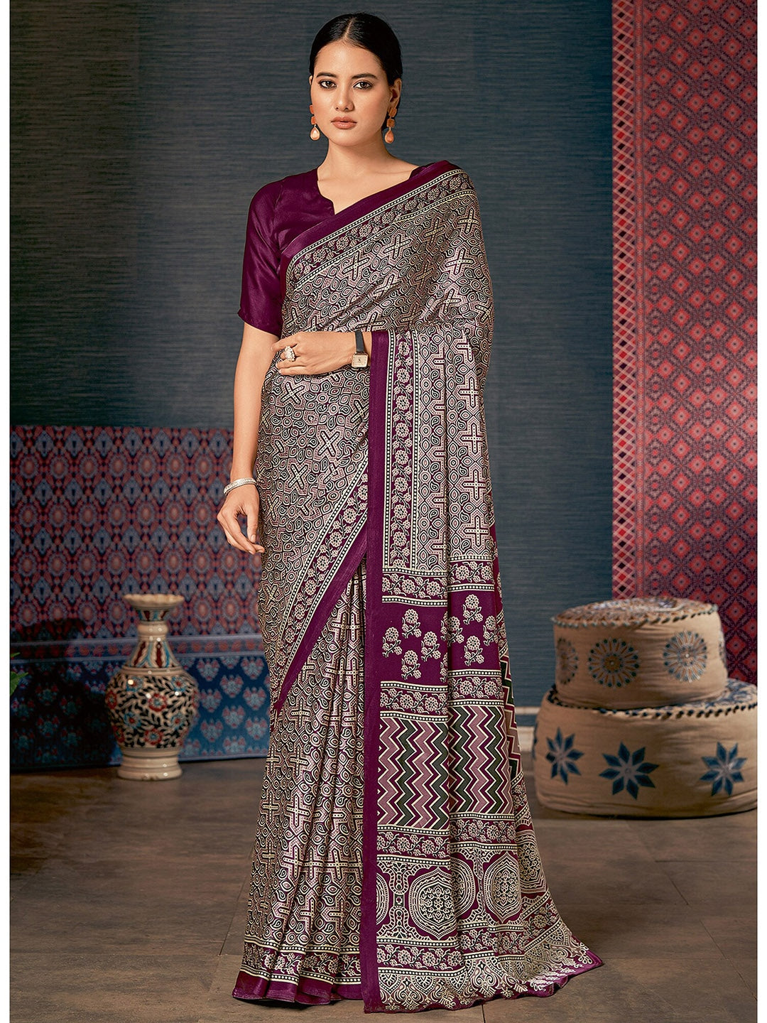 Congo Purple and Grey Digital Printed Ajrakh Satin Crepe Saree