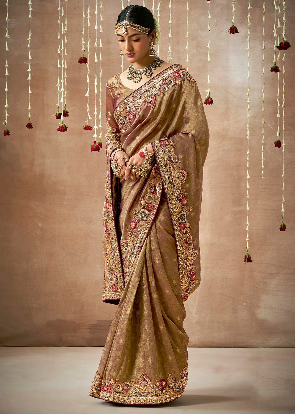 Pecan Brown Zari Woven Embroidery Designer Tissue Dola Silk Saree