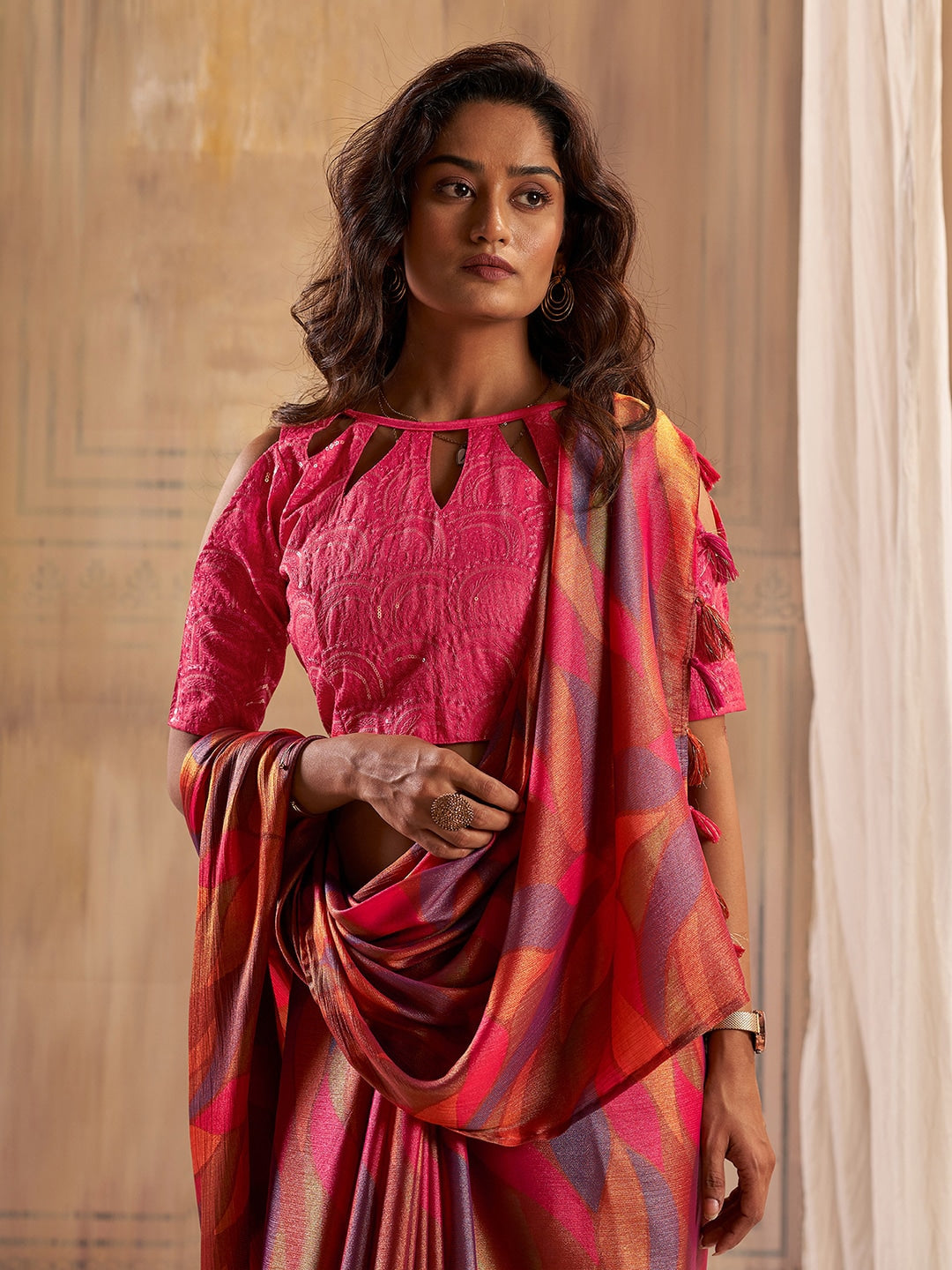 Mahogany Pink Printed Chiffon Saree With Embroidery blouse