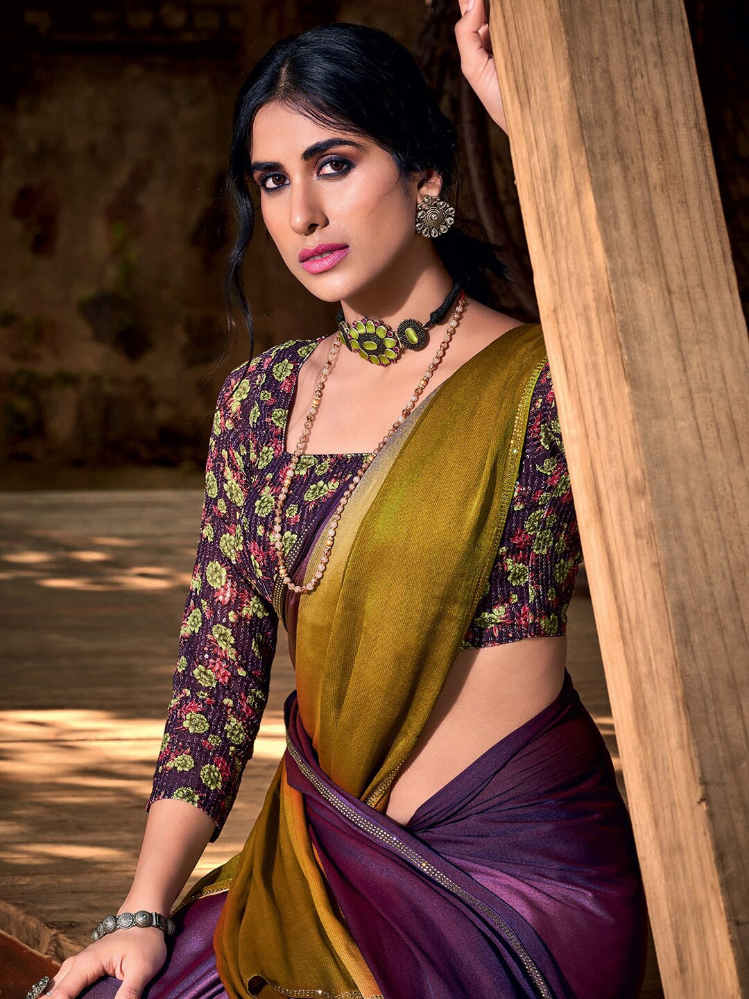 Tawny Port Purple and Yellow Chiffon Saree With Printed Blouse