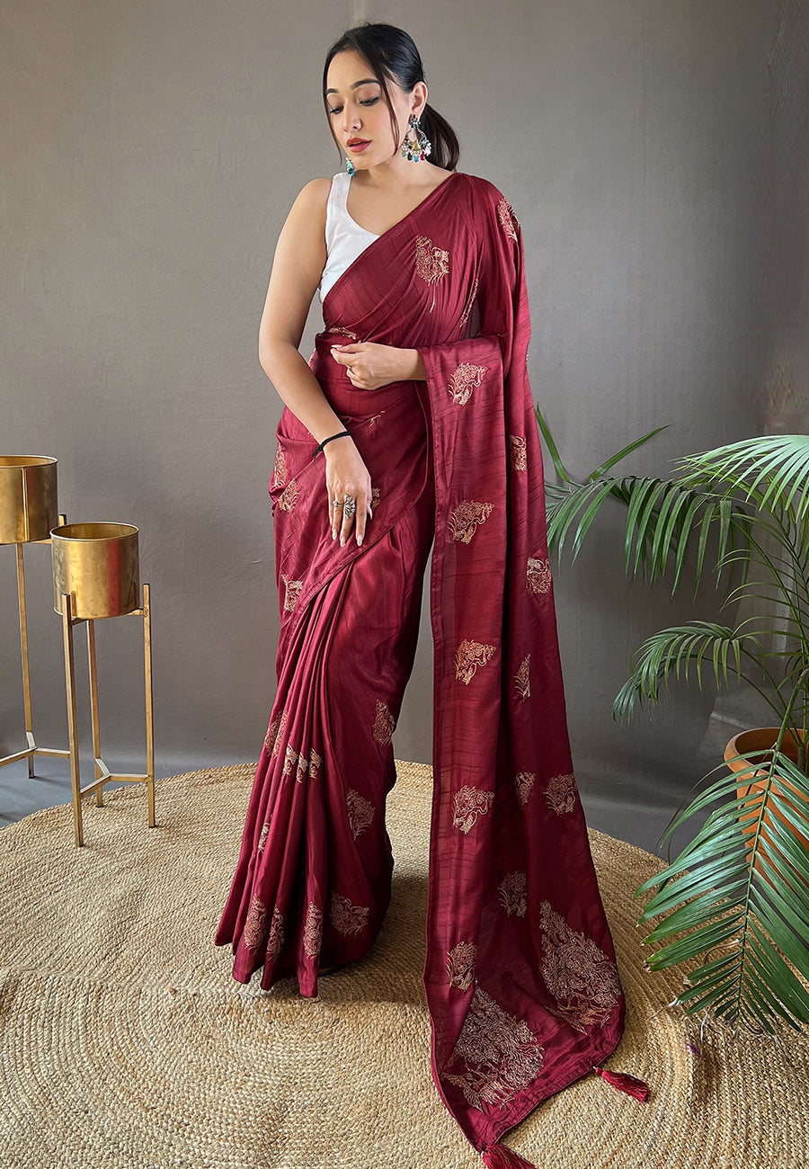 Persian Plum Maroon Embroidered Tussar Silk Saree