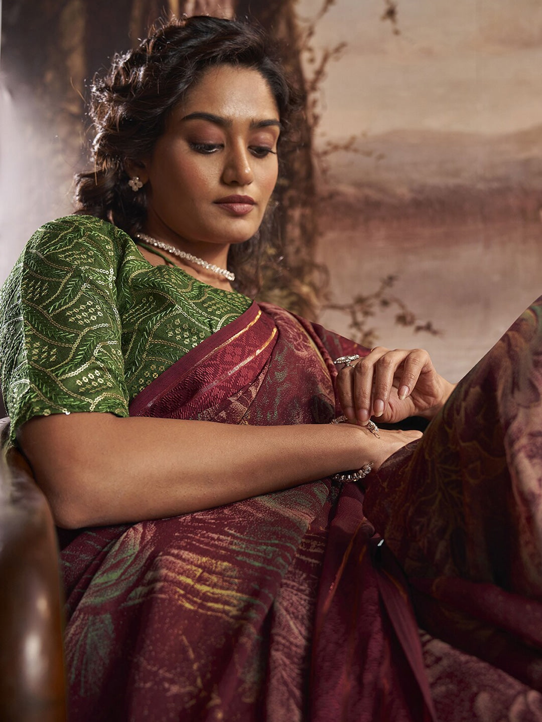 Copper Rust Maroon Georgette Chiffon Saree With Embroidery Blouse