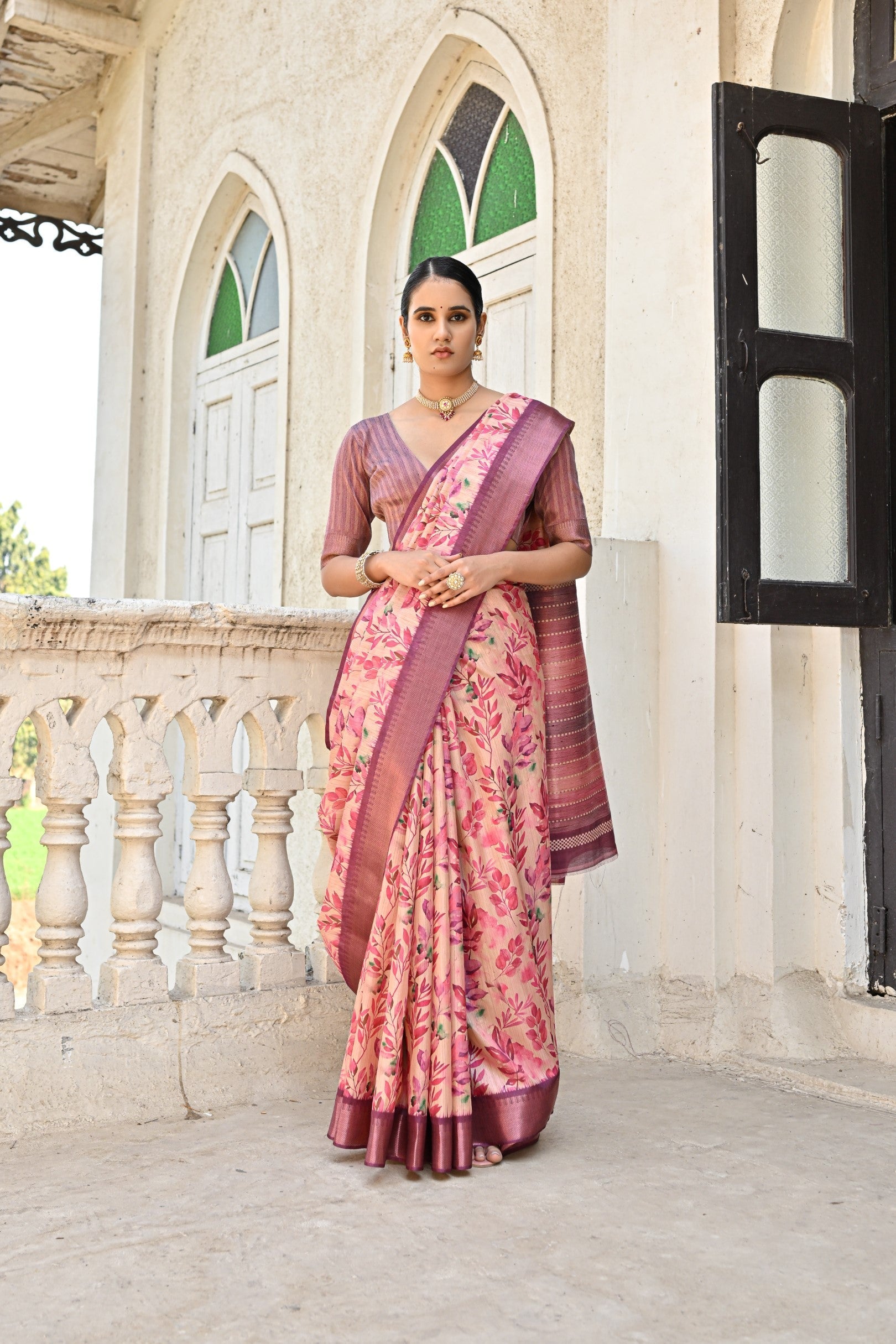 Wewak Pink Tussar Printed Silk Saree