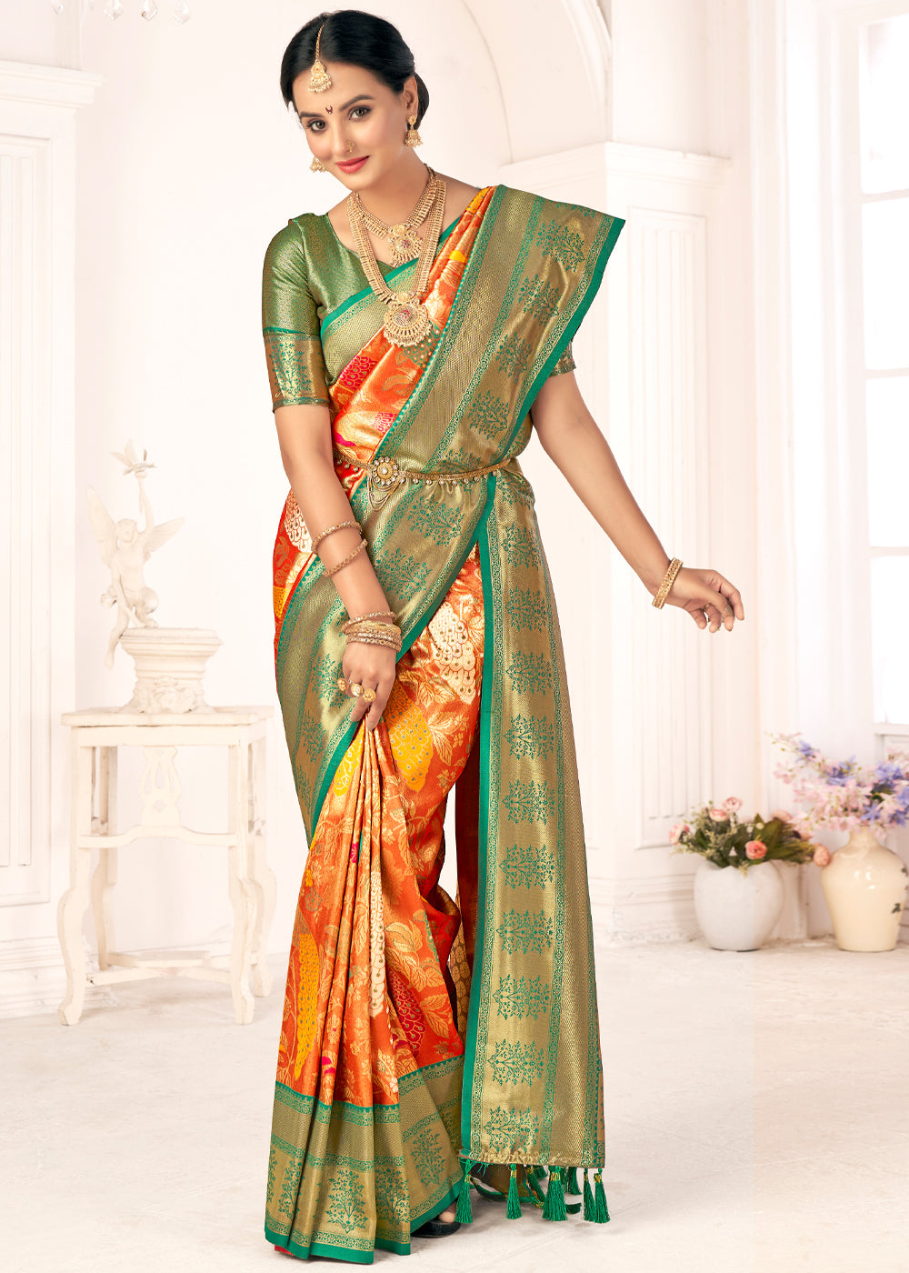 Fire Bush Orange Woven Paithani Fusion Kanjivaram Silk Saree