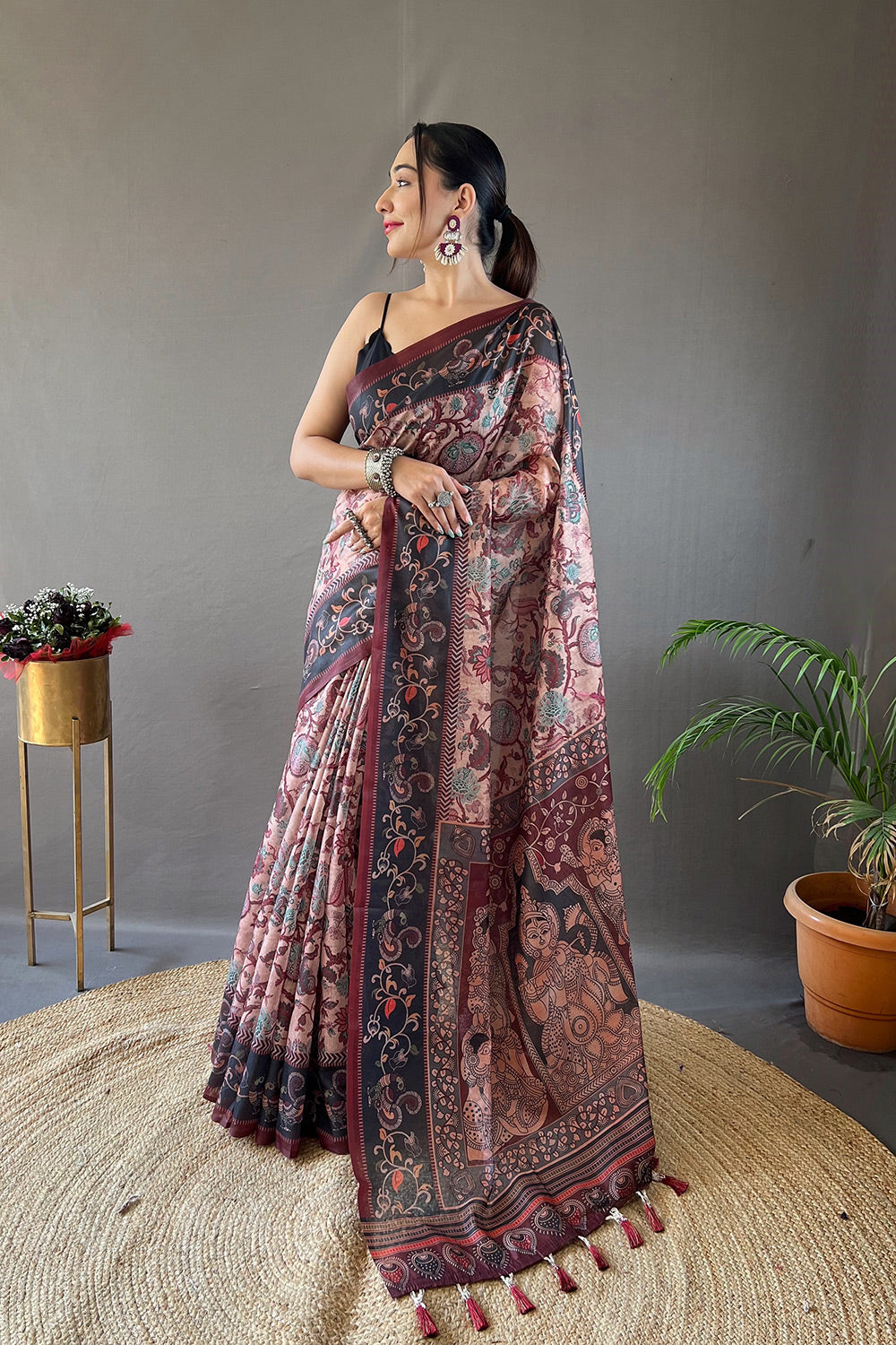 Eunry Peach and Black Printed Cotton Kalamkari Saree