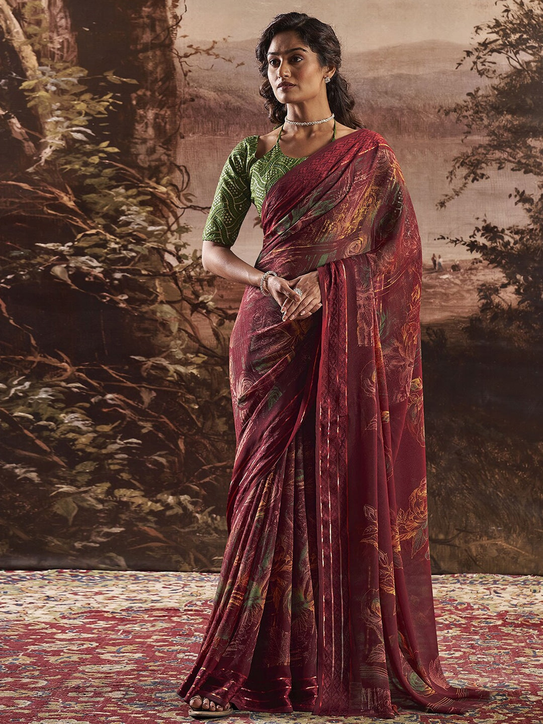 Copper Rust Maroon Georgette Chiffon Saree With Embroidery Blouse