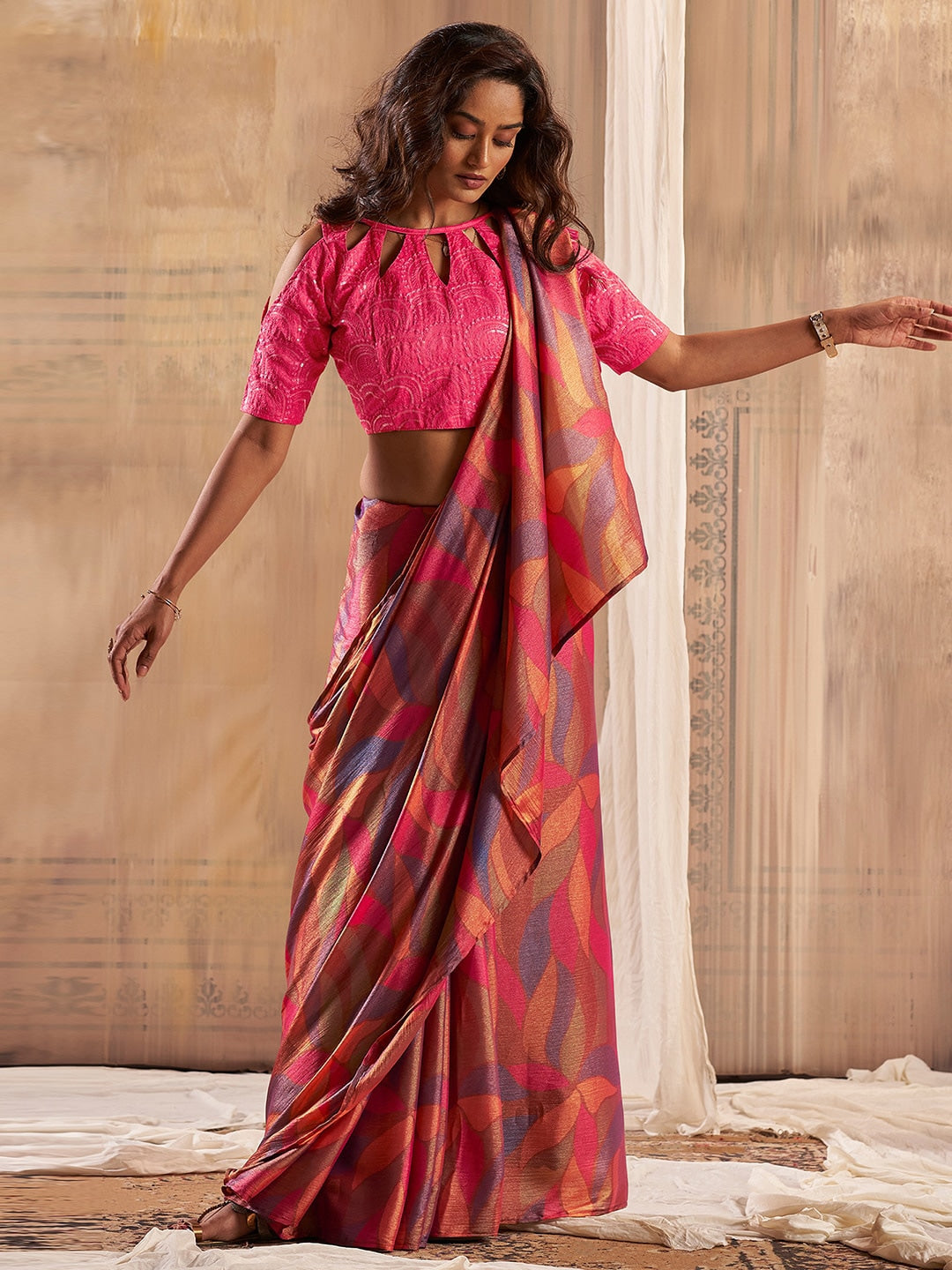 Mahogany Pink Printed Chiffon Saree With Embroidery blouse