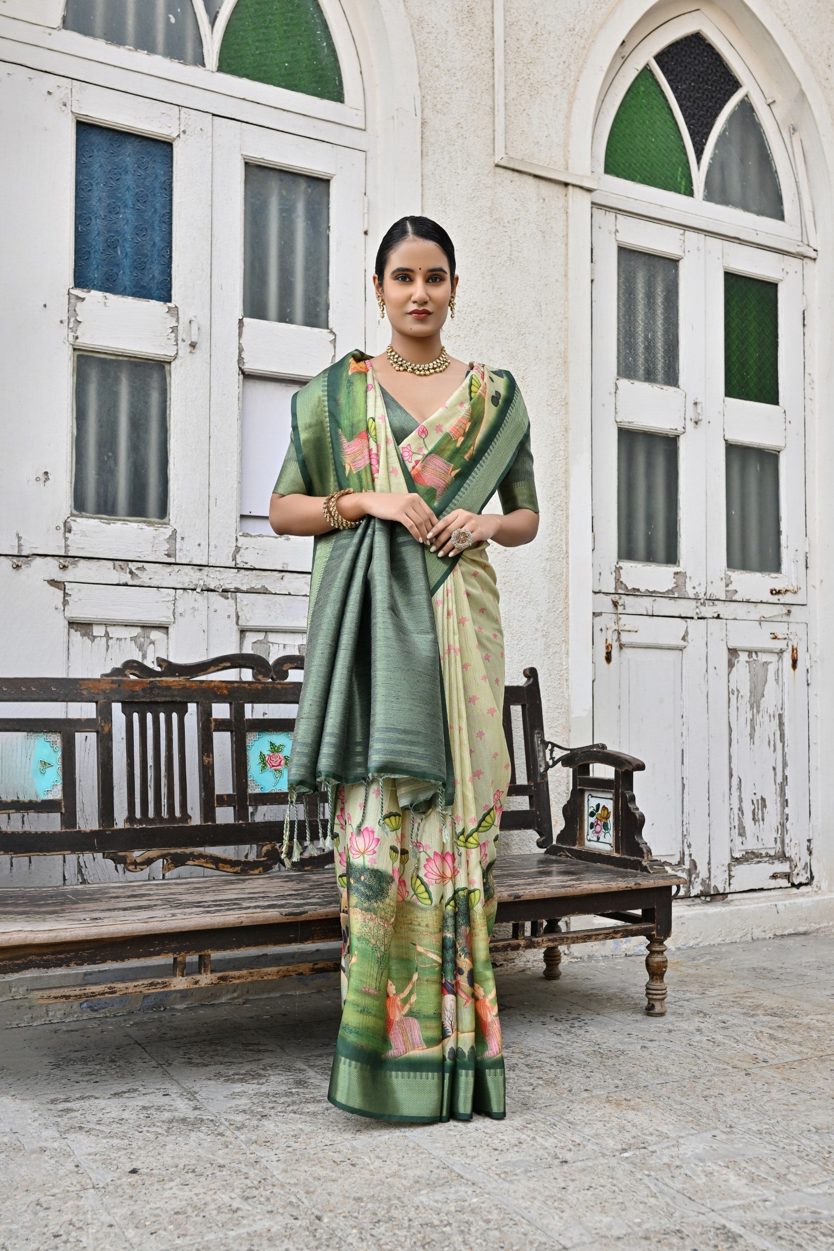 Schist Green Tussar Printed Silk Saree