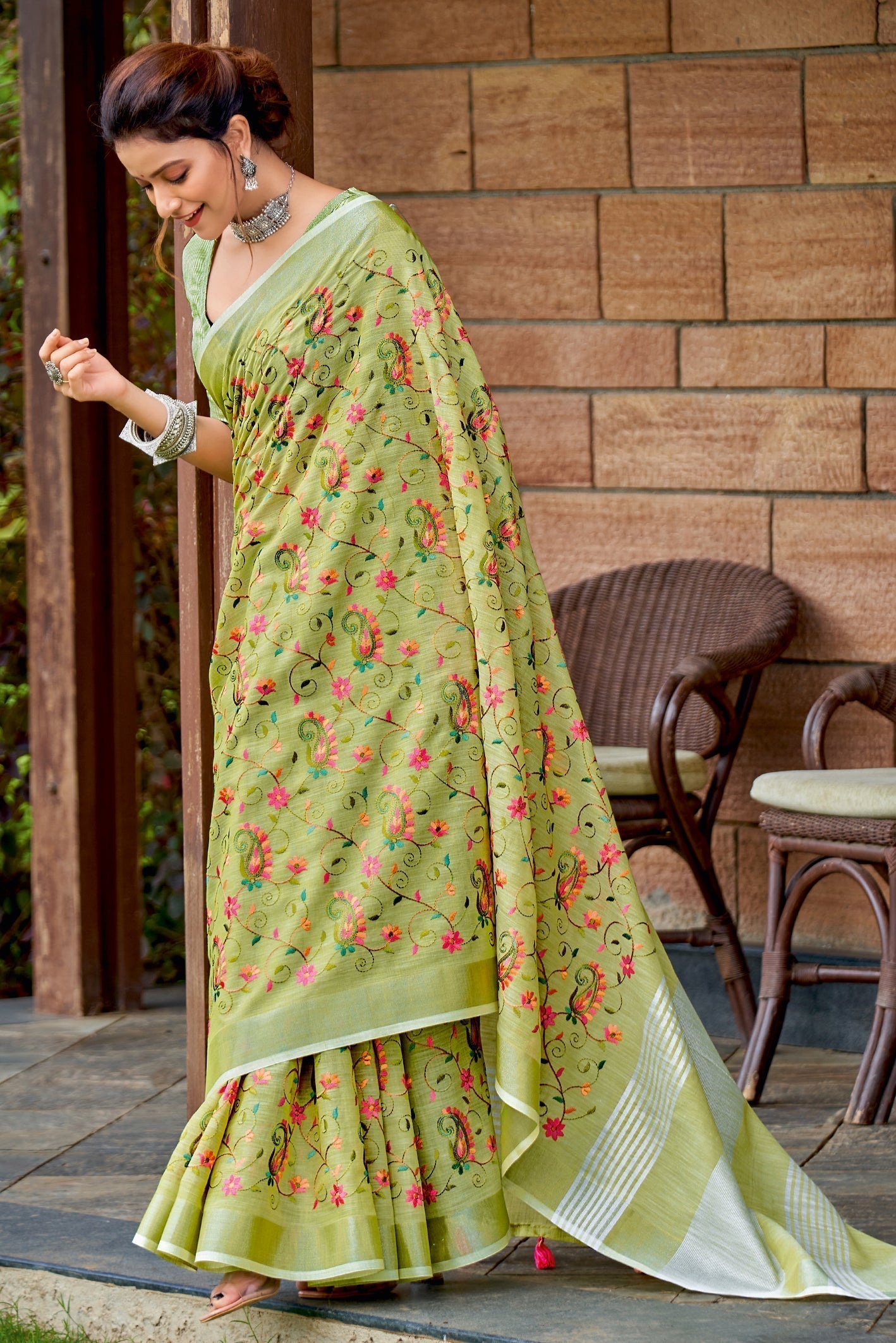 Pesto Green Handcrafted Linen Saree