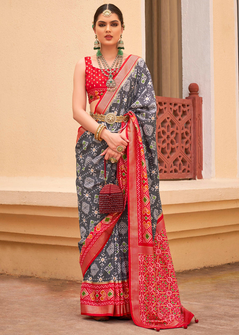 Cloudy Grey and Red Printed Patola Soft Silk Saree