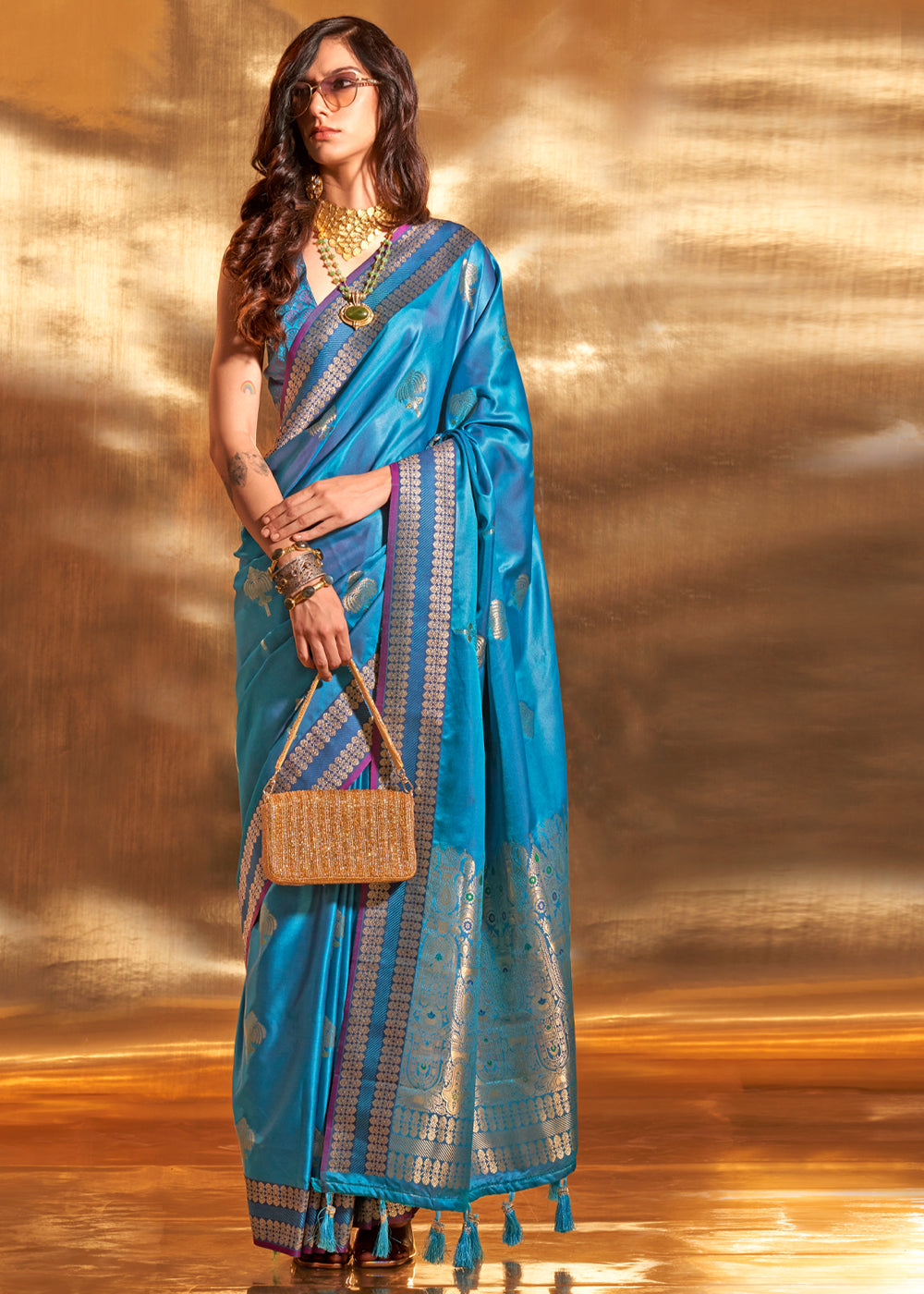 Blueberry Blue Woven Banarasi Satin Silk Saree