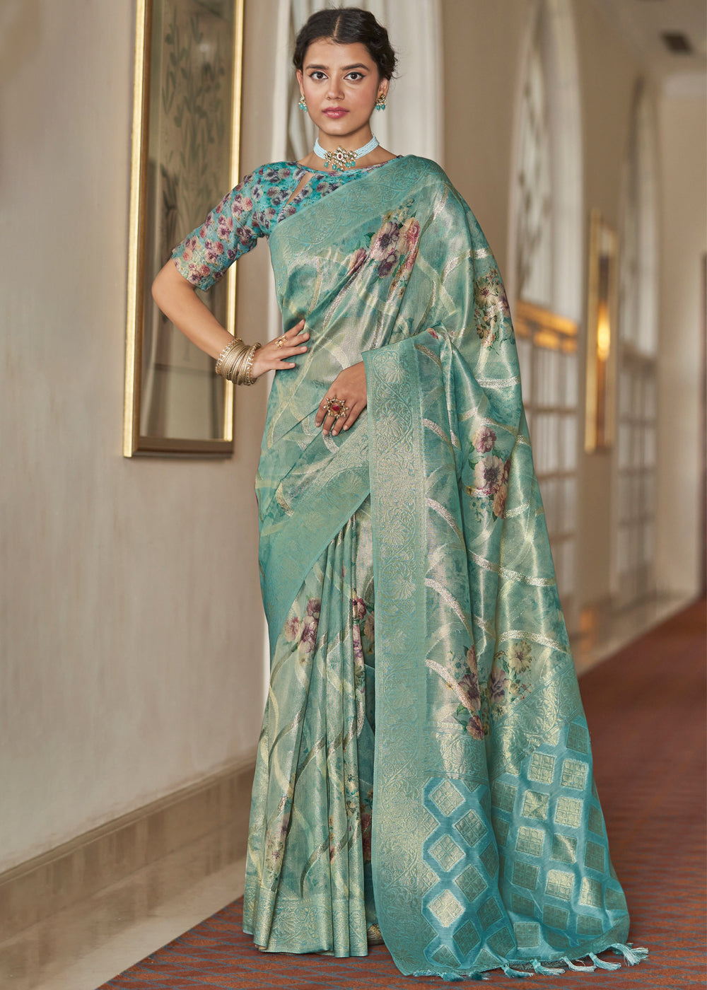 Breaker Bay Blue Woven Banarasi Tissue Organza Silk Sare