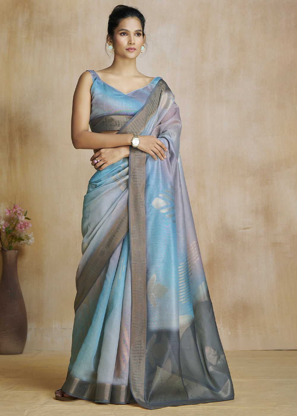 Stone Blue and Grey Tissue Woven Soft Silk Saree