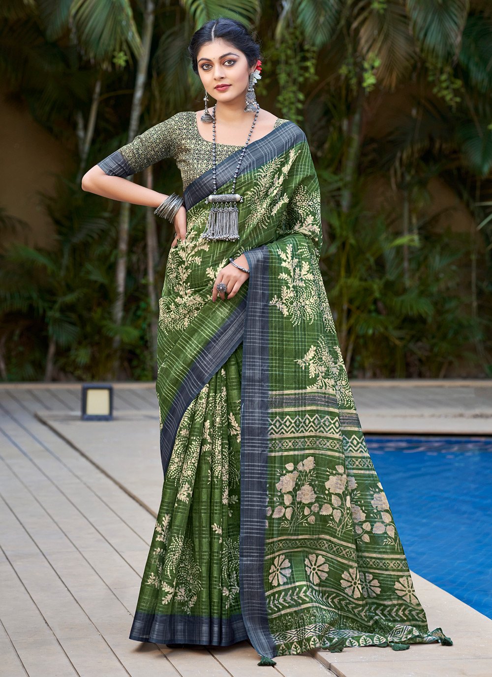 Locust Green Linen Digital Printed Saree