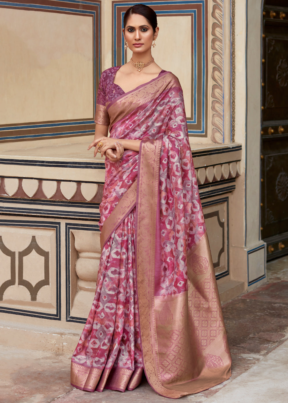 Rose Dust Purple Banarasi Digital Printed Silk Saree