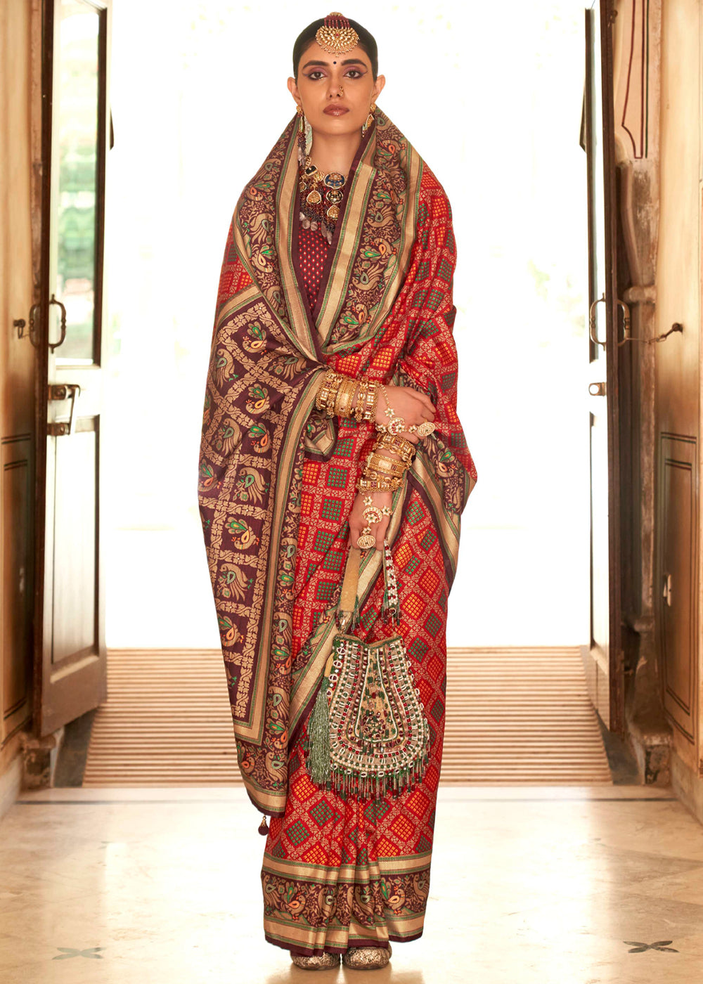 Rusty Red Printed Soft Silk Saree