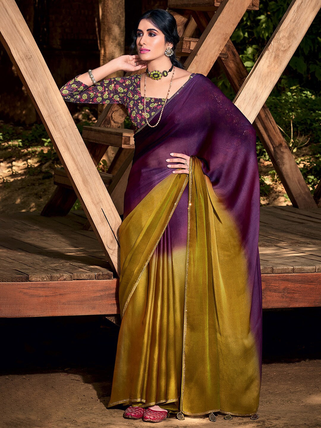 Tawny Port Purple and Yellow Chiffon Saree With Printed Blouse