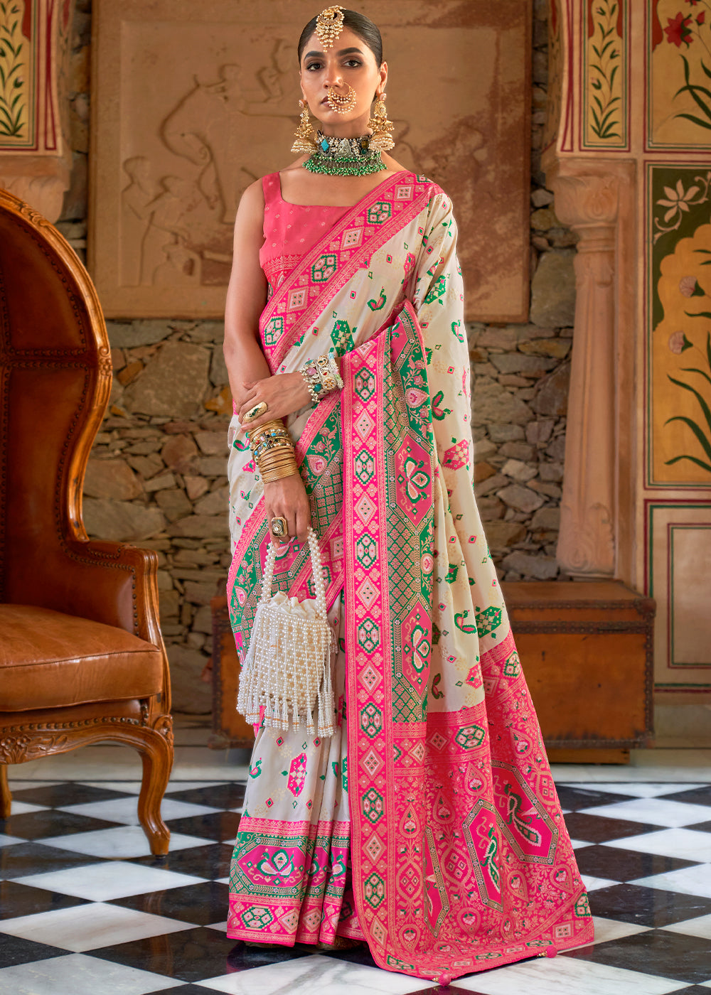 Linen White and Pink Woven Banarasi Saree