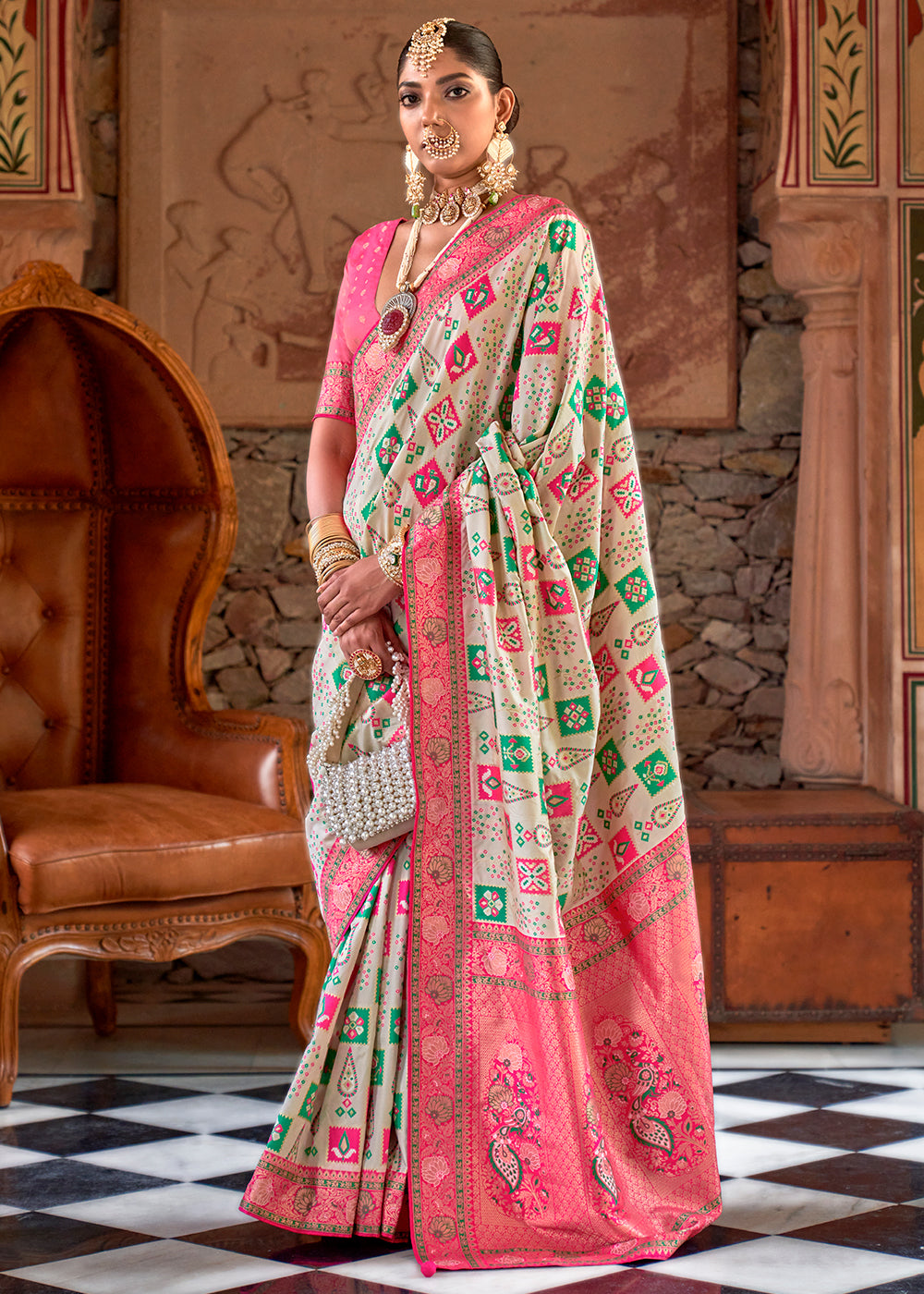 Snow White and Pink Woven Banarasi Saree